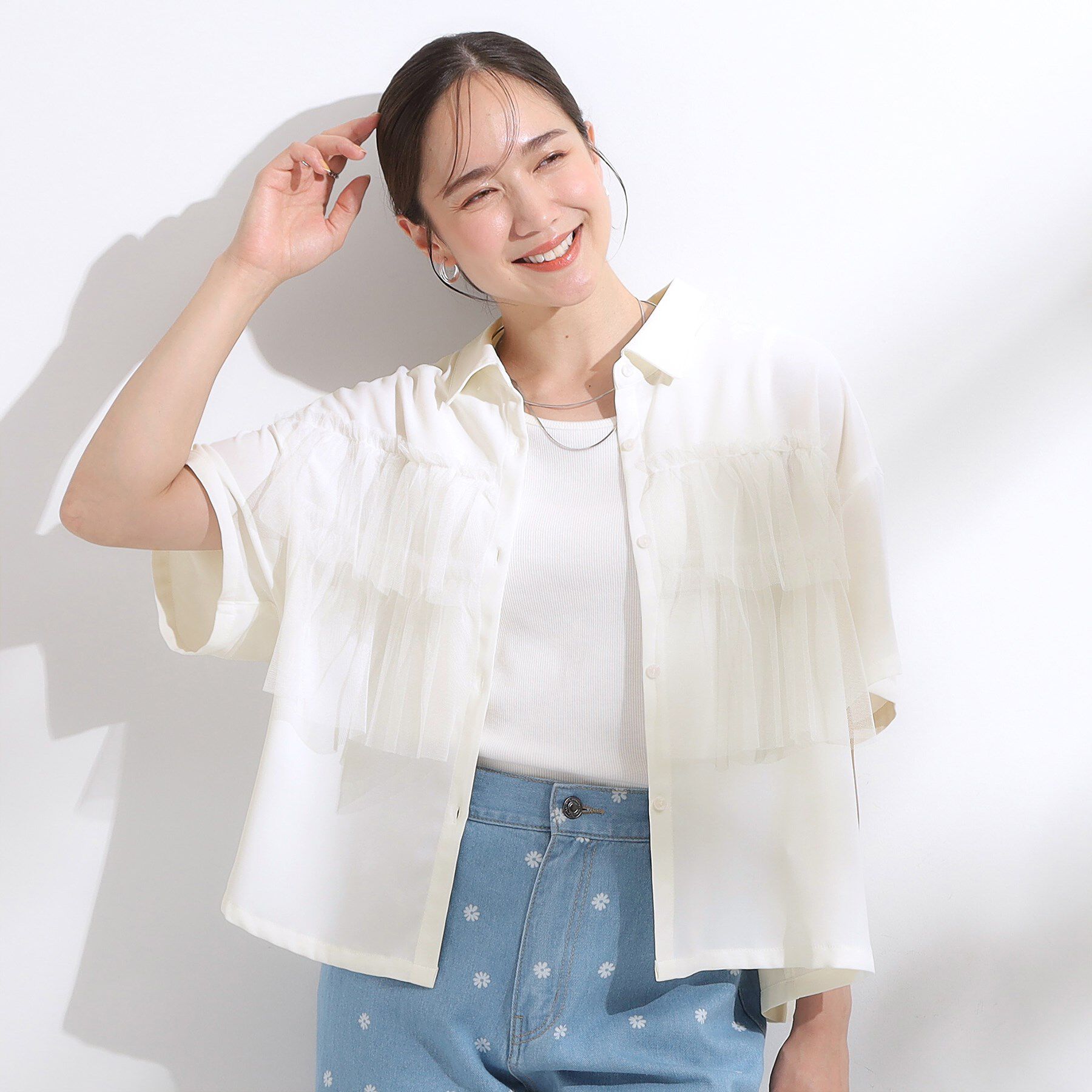 SHOO･LA･RUE「【S-LL】一枚でサマ見え チュールドッキングシャツ」|シャツ・ブラウス|