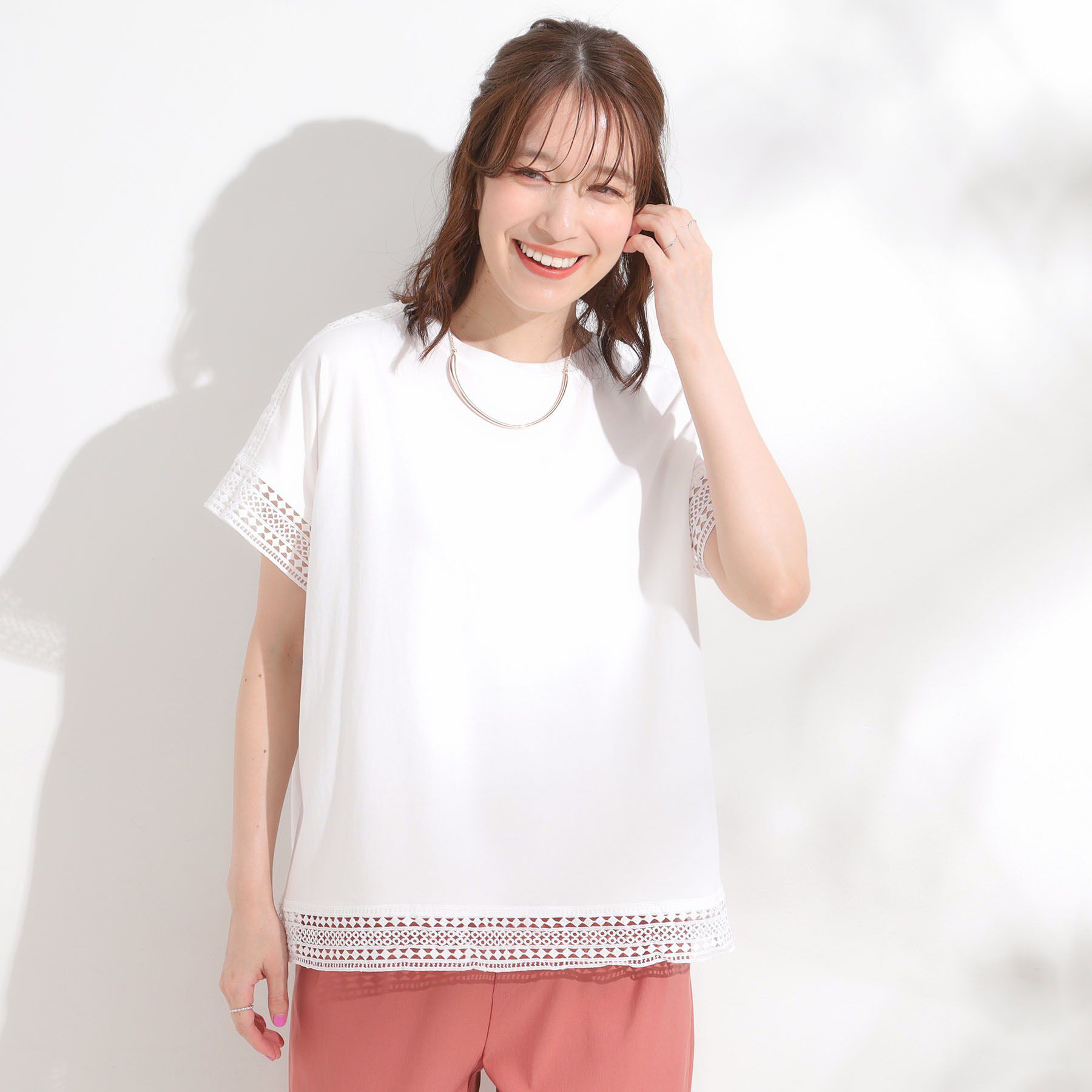 SHOO･LA･RUE「【S-LL/ひんやり】インせず決まる 楽してきれいなレース付きトップス」|Tシャツ・カットソー|