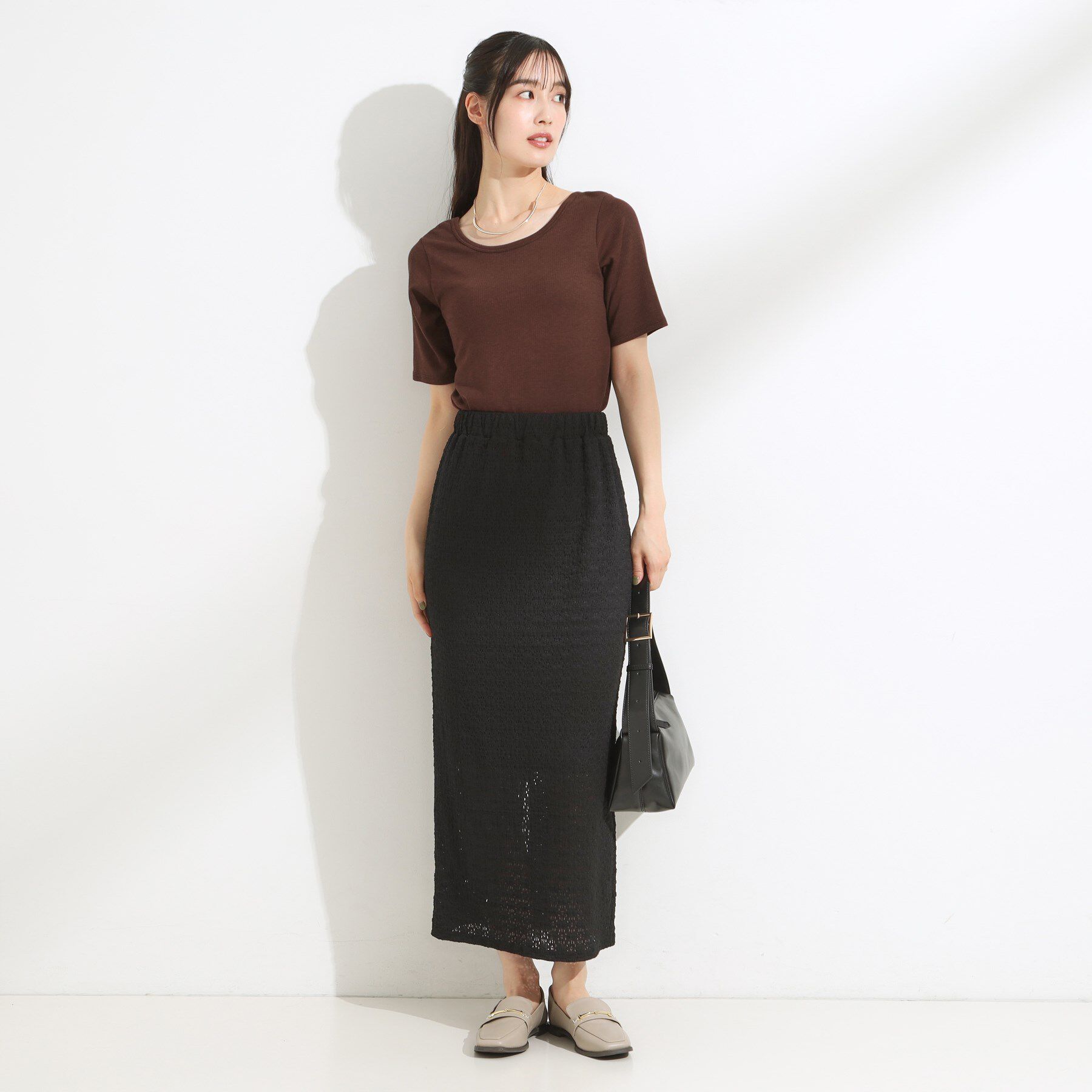 SHOO･LA･RUE「【S-LL/ひんやり/前後2WAY】シンプルだから使いやすい テレコTシャツ」|Tシャツ・カットソー|