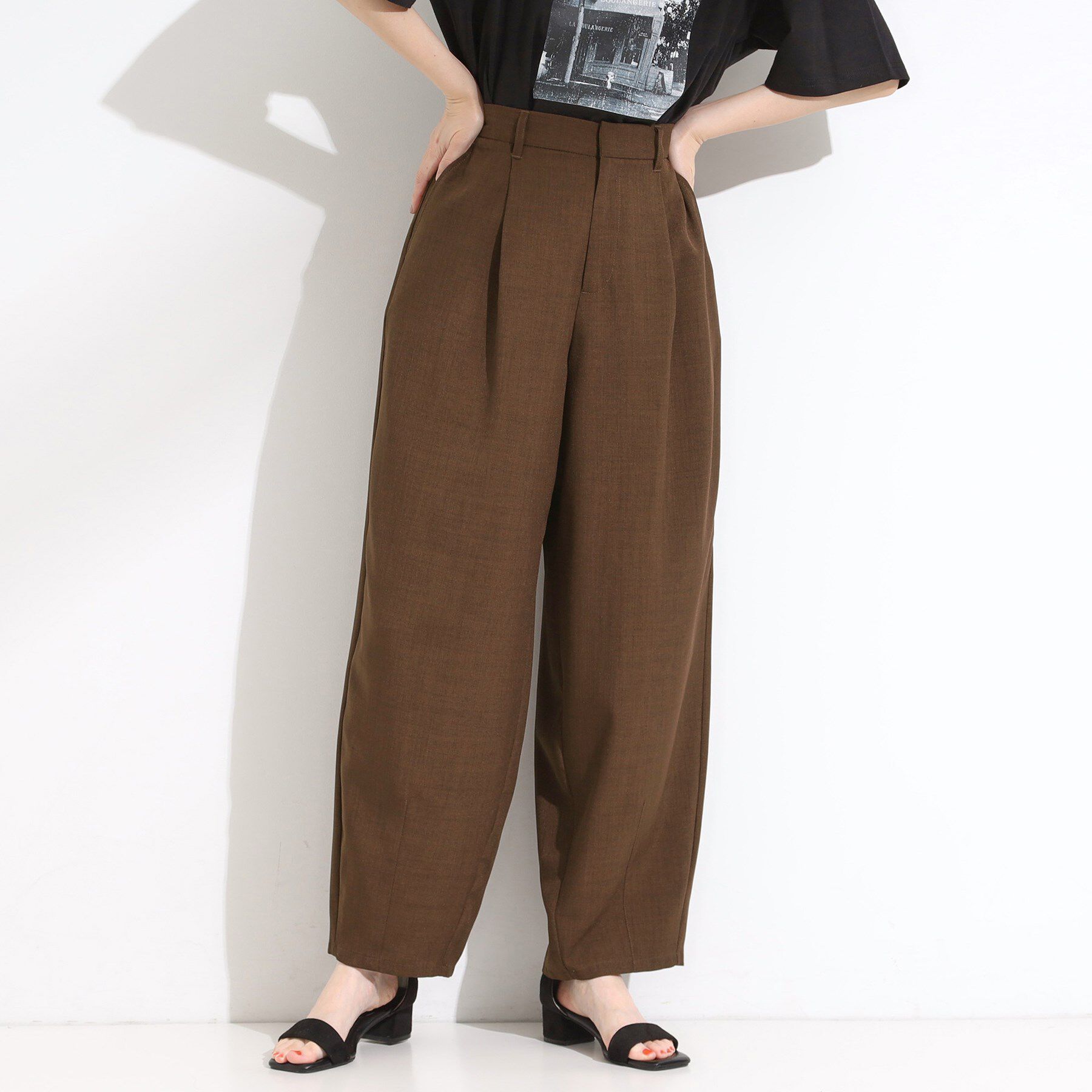 SHOO･LA･RUE「【セットアップ可】さらりと軽やか 麻調ゆるカーブパンツ」|その他|ブラウン(044)