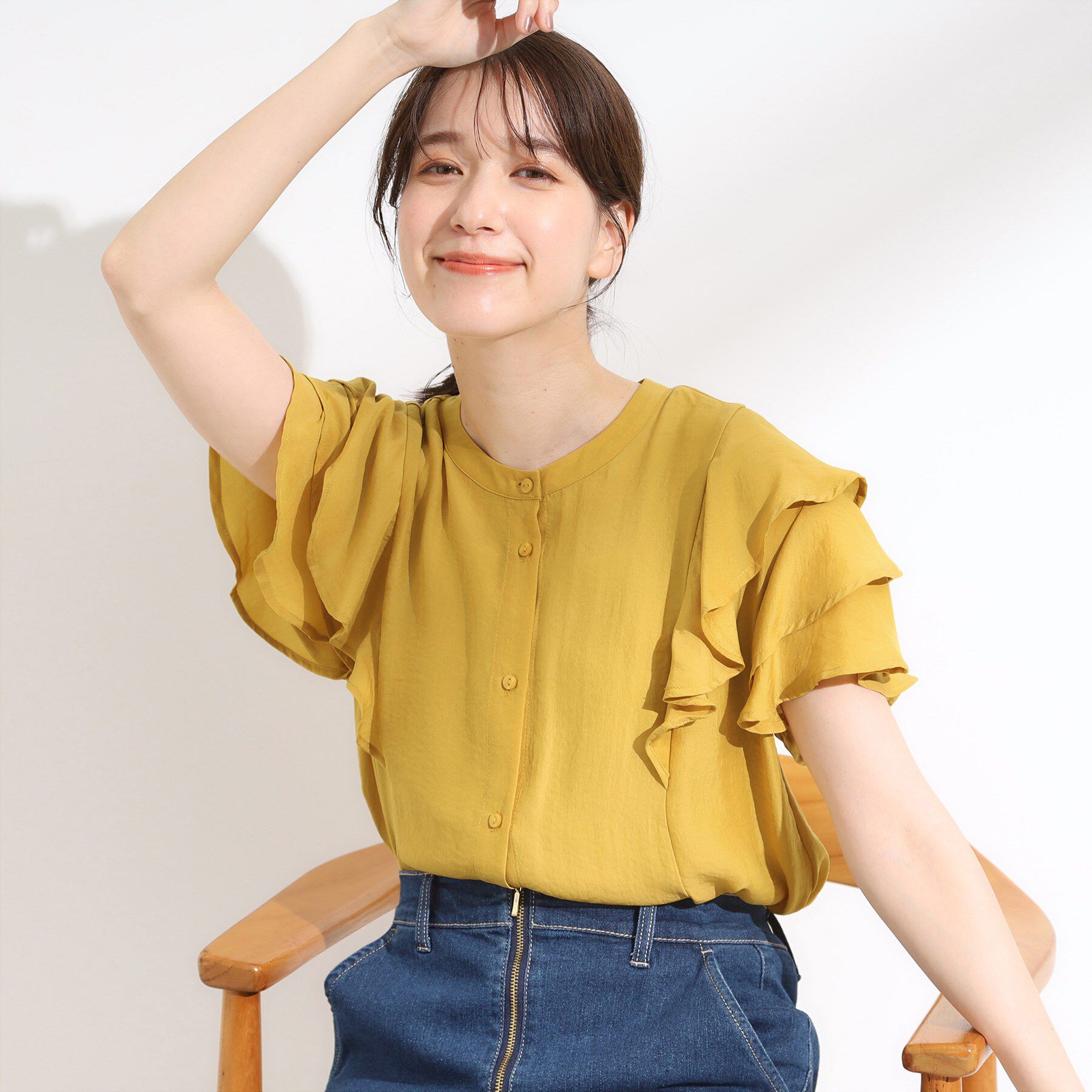 SHOO･LA･RUE「【無地/ドット柄】お袖フリルが華やぐ きれいめブラウス」|シャツ・ブラウス|イエロー(032)