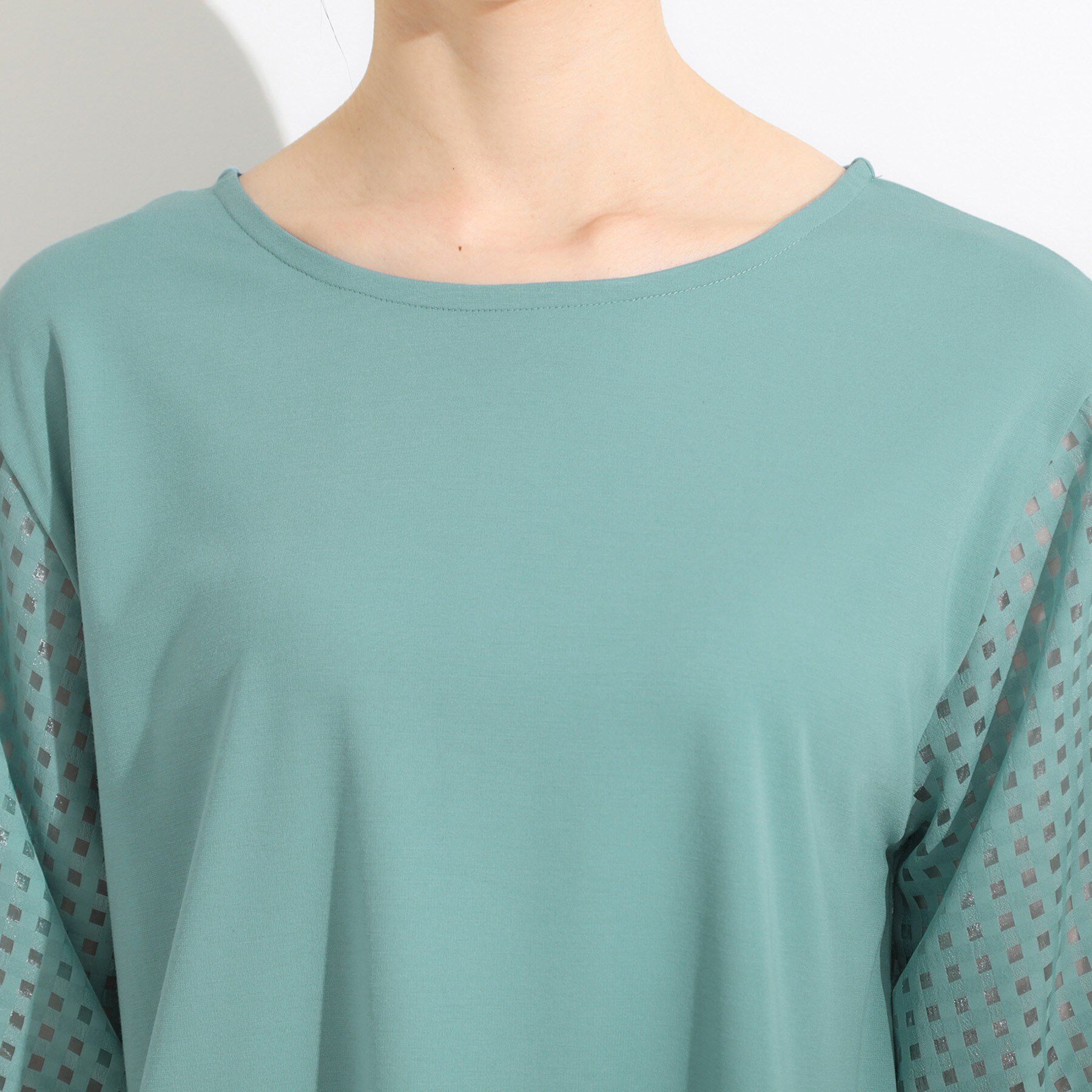 SHOO･LA･RUE「【ひんやり/S-LL/洗える】シアーチェックが涼やか 5分袖チュニック」|チュニック|