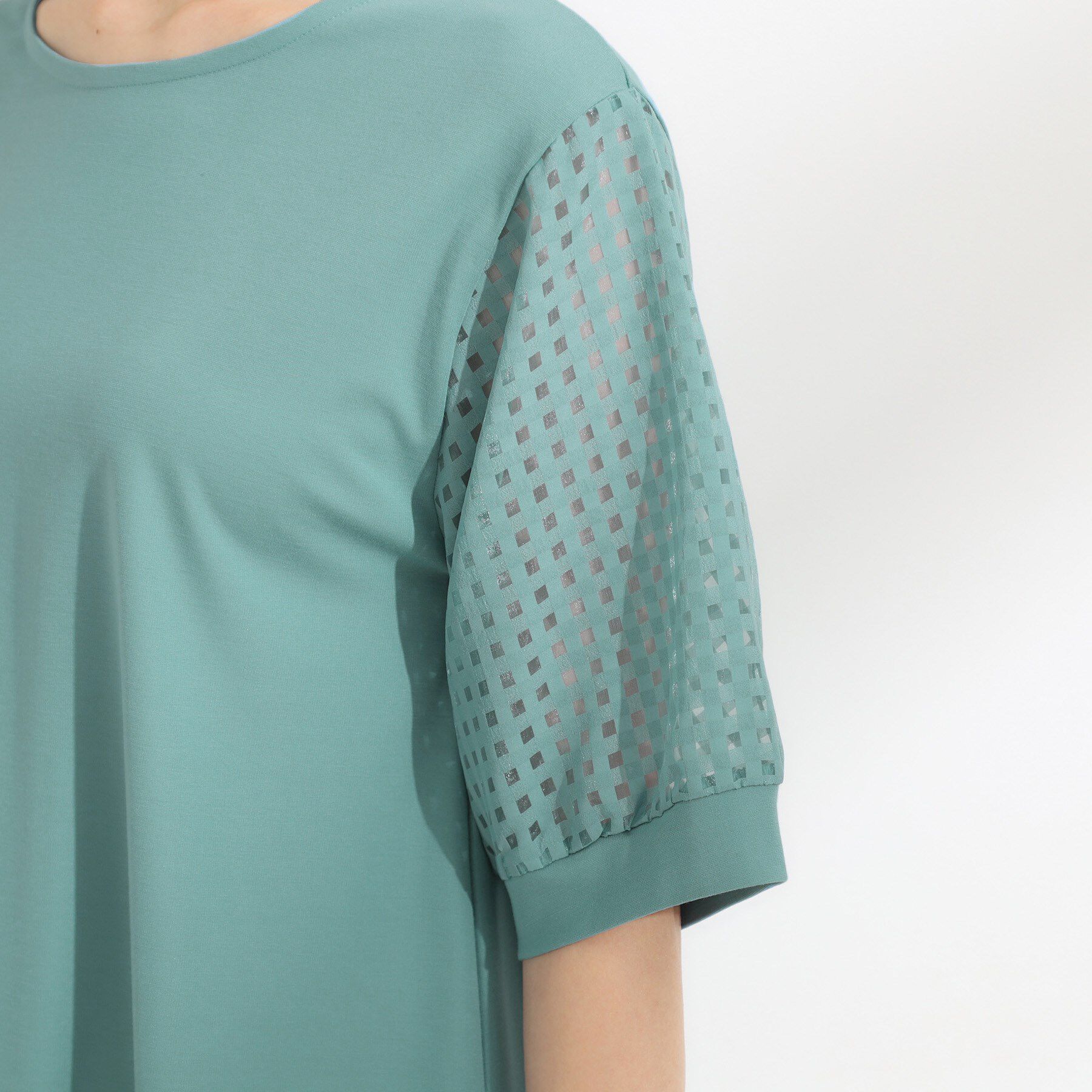 SHOO･LA･RUE「【ひんやり/S-LL/洗える】シアーチェックが涼やか 5分袖チュニック」|チュニック|