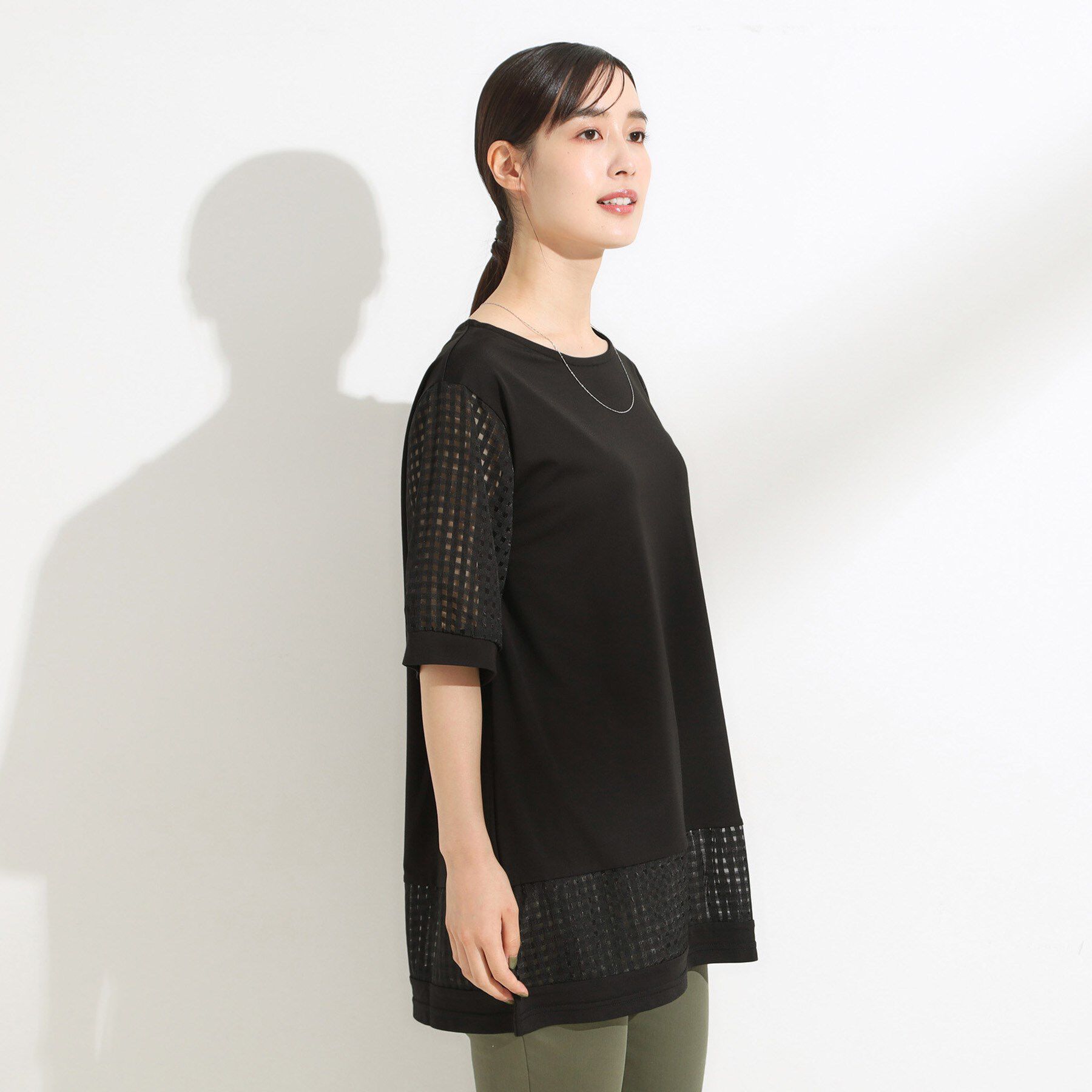 SHOO･LA･RUE「【ひんやり/S-LL/洗える】シアーチェックが涼やか 5分袖チュニック」|チュニック|