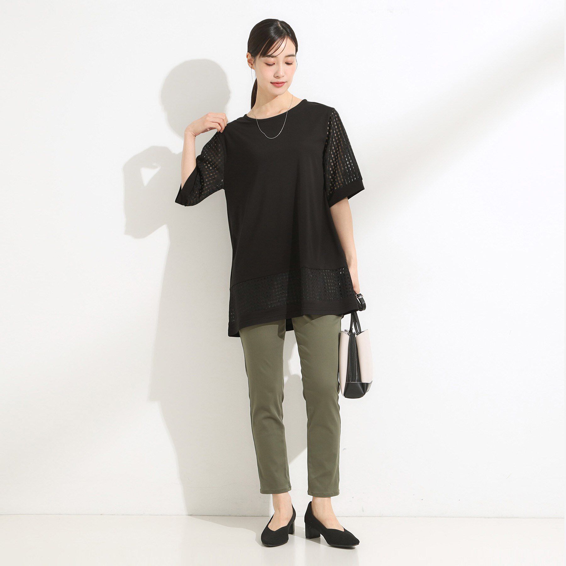 SHOO･LA･RUE「【ひんやり/S-LL/洗える】シアーチェックが涼やか 5分袖チュニック」|チュニック|