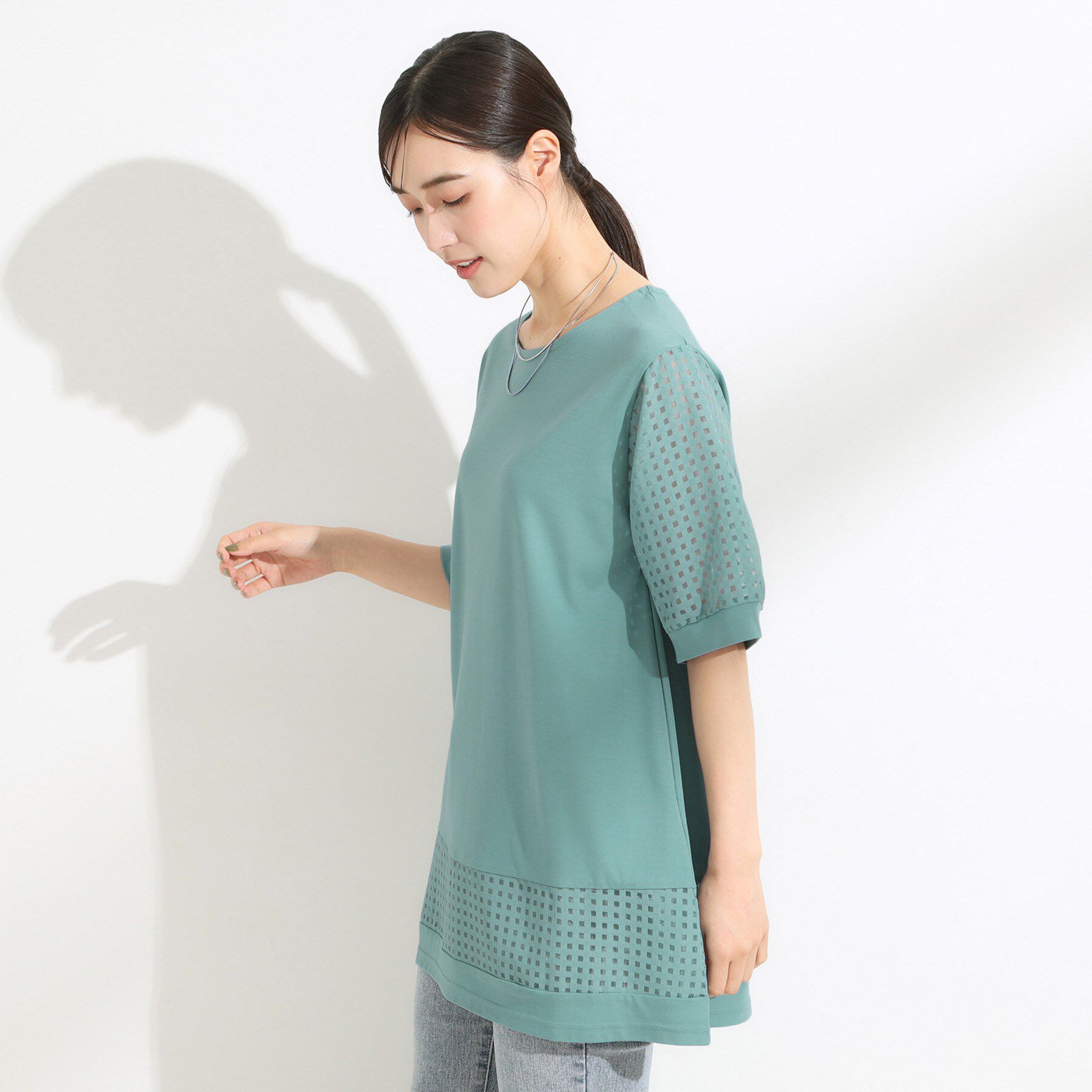 SHOO･LA･RUE「【ひんやり/S-LL/洗える】シアーチェックが涼やか 5分袖チュニック」|チュニック|