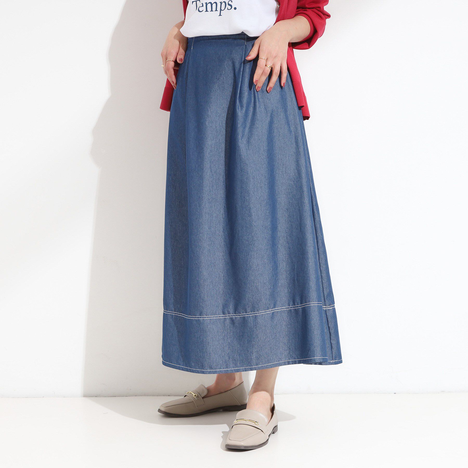 SHOO･LA･RUE「【S-LL】配色ステッチがアクセント デニムフレアスカート」|スカート|