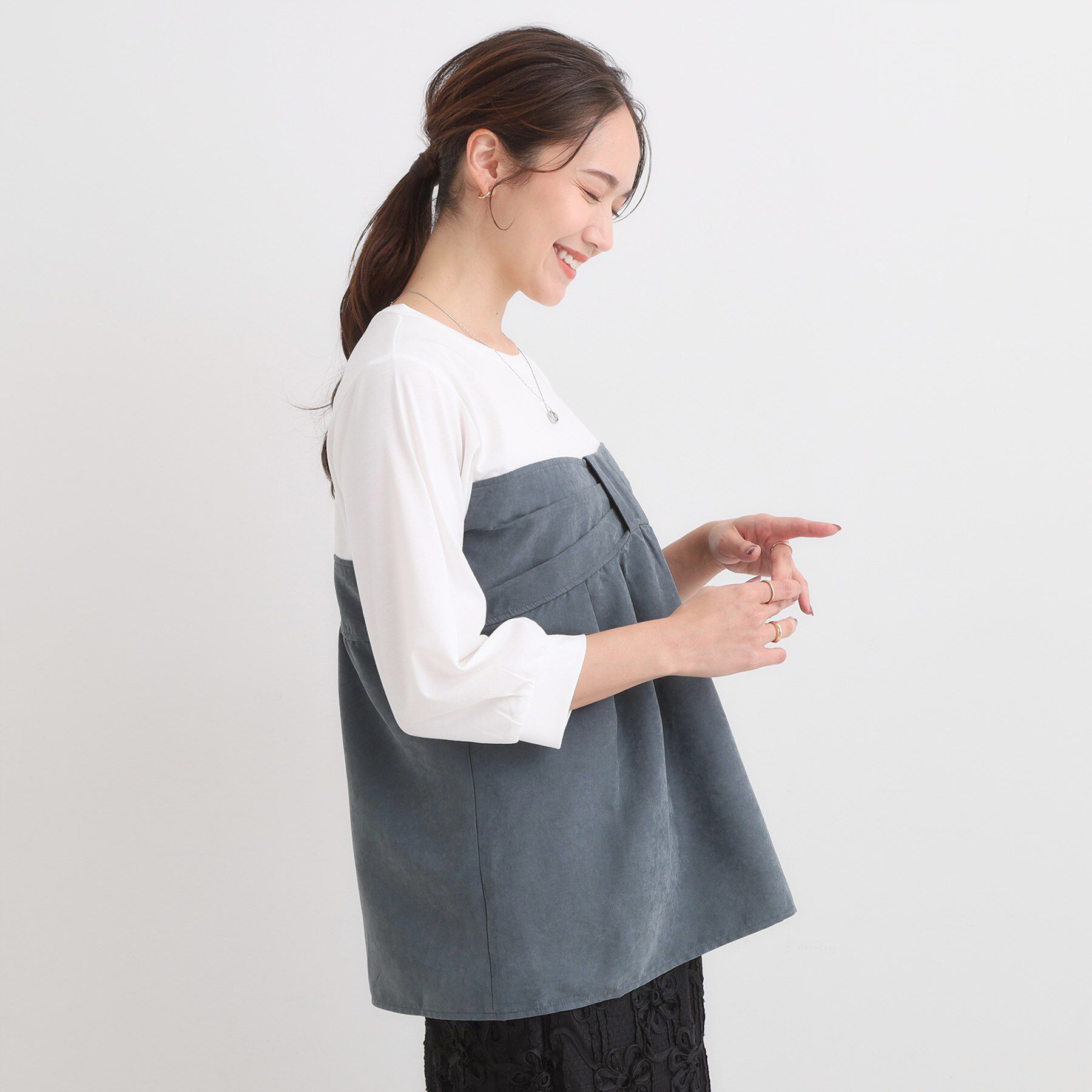 SHOO･LA･RUE「【S-LL】気になるウエストもさり気なくカバー リボン風ドッキングトップス」|Tシャツ・カットソー|