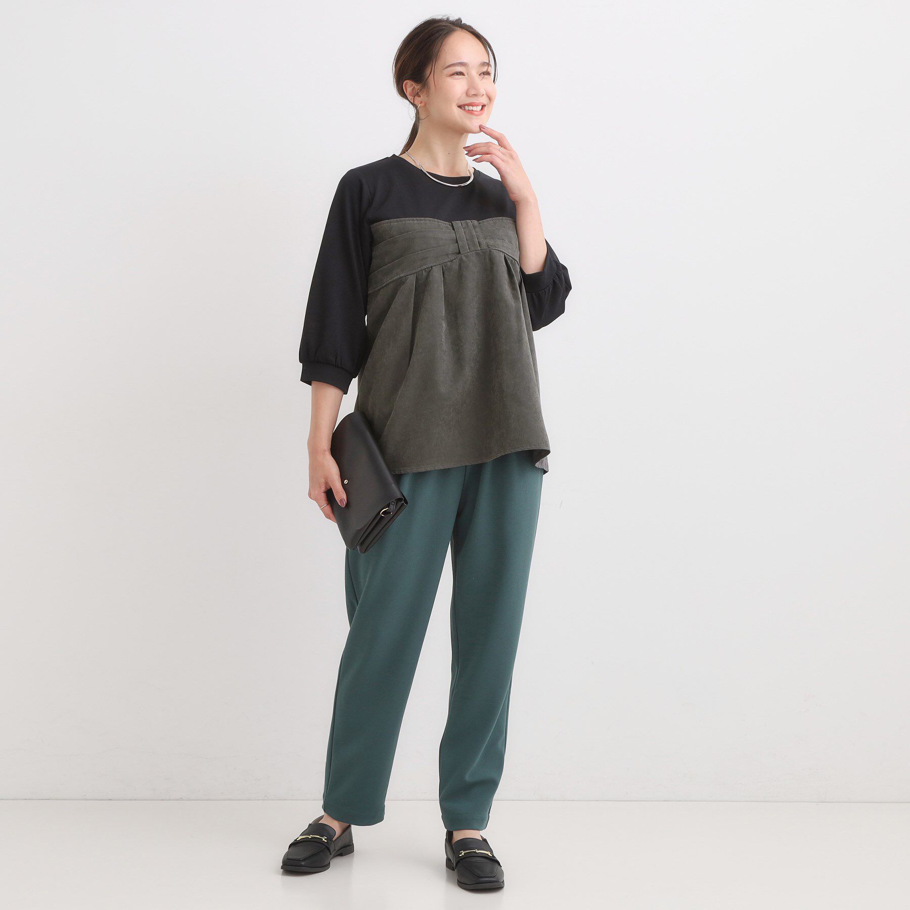 SHOO･LA･RUE「【S-LL】気になるウエストもさり気なくカバー リボン風ドッキングトップス」|Tシャツ・カットソー|