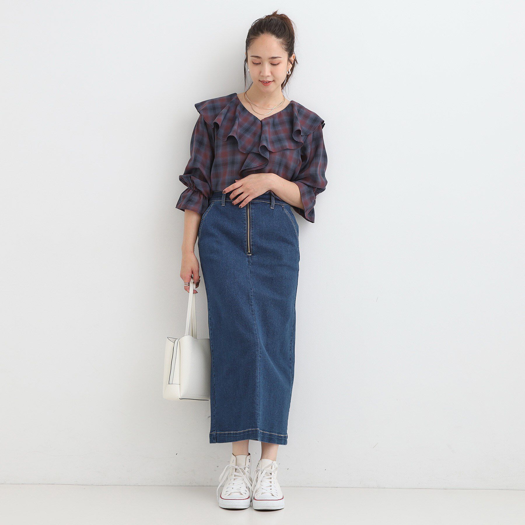 SHOO･LA･RUE「【S-LL】きれいめカジュアルに チェック柄フリルブラウス」|シャツ・ブラウス|