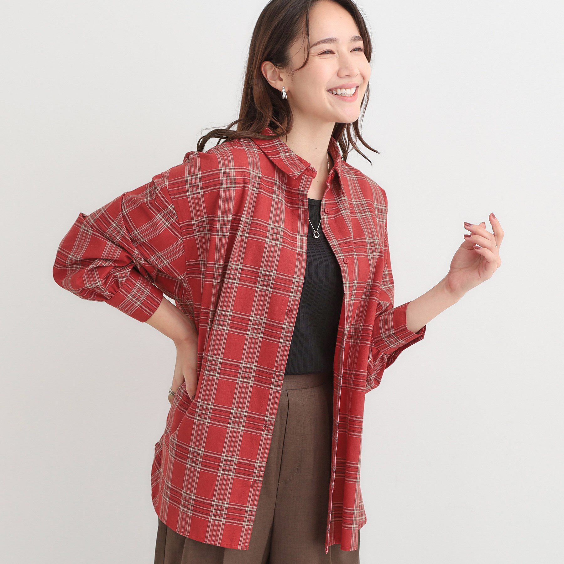 SHOO･LA･RUE「【着丈選べる】オーバーサイズのチェックシャツ」|シャツ・ブラウス|レッド(263)