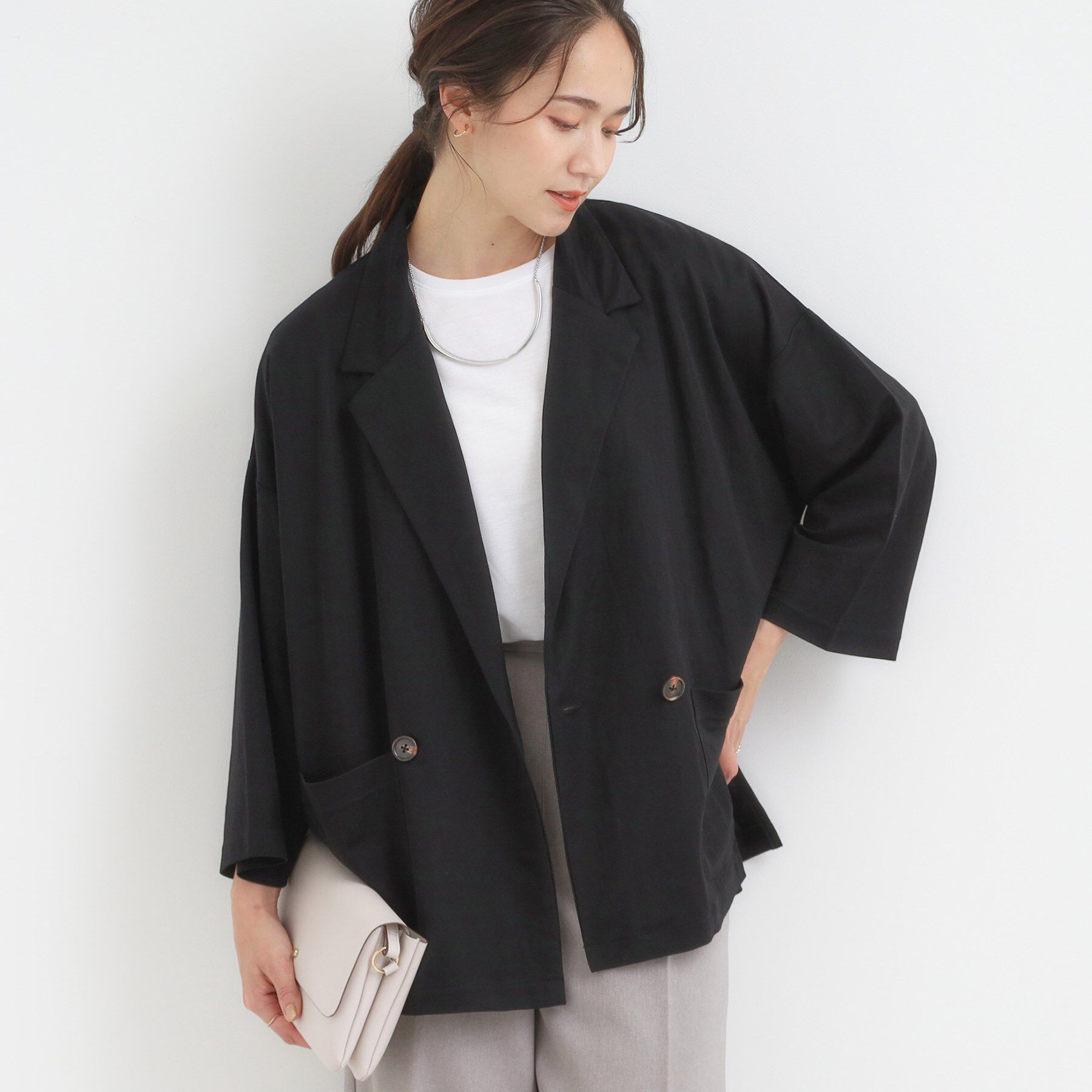 SHOO･LA･RUE「【S-LL/ひんやり】さらっとしたタッチが心地よい ダブルブレストジャケット」|テーラードジャケット|ブラック(019)