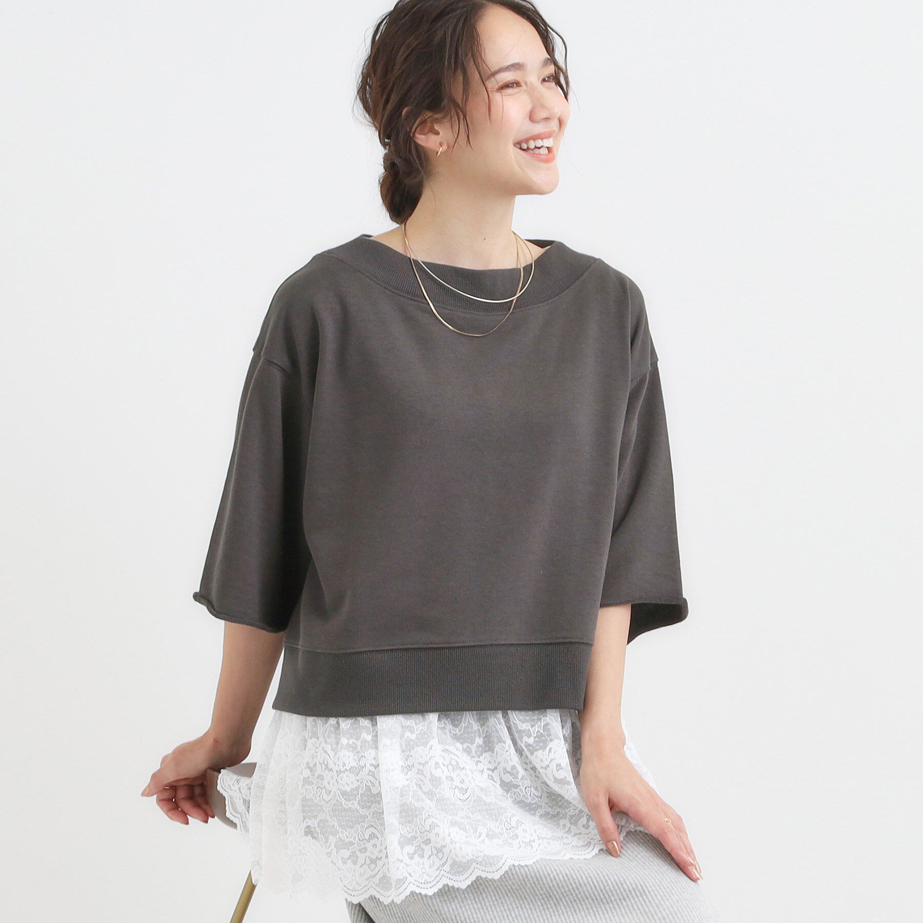 SHOO･LA･RUE「【2点セット】ハーフスリーブミニ裏毛プルオーバー＆レースタンクトップSET」|その他|チャコールグレー(0