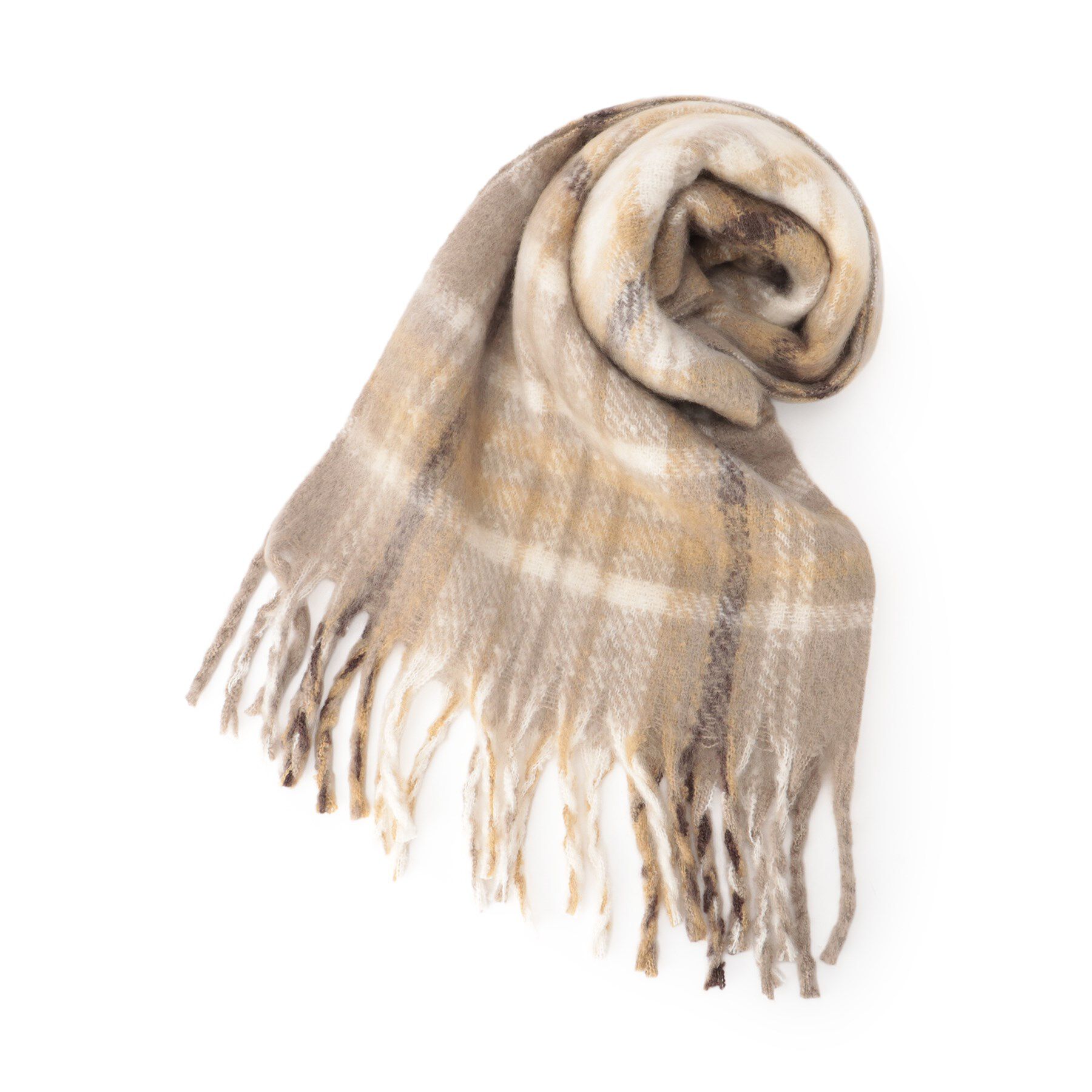 SHOO･LA･RUE「太フリンジチェックストール」|ストール|ベージュ(252)