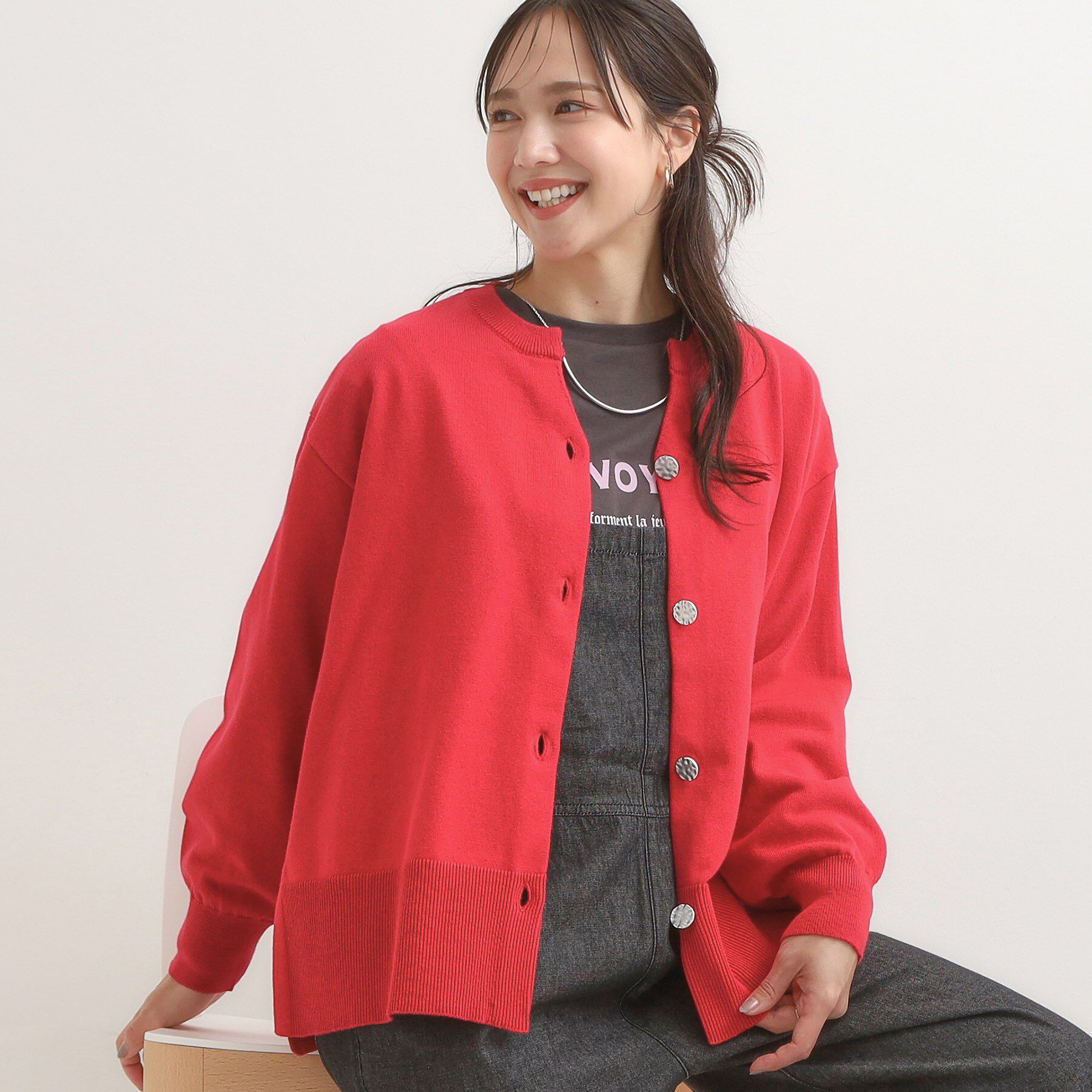 SHOO･LA･RUE「【洗濯機可/S-LL】 すっきり見え キーネックカーディガン【CIRCRIC】」|カーディガン|ピンク(073)