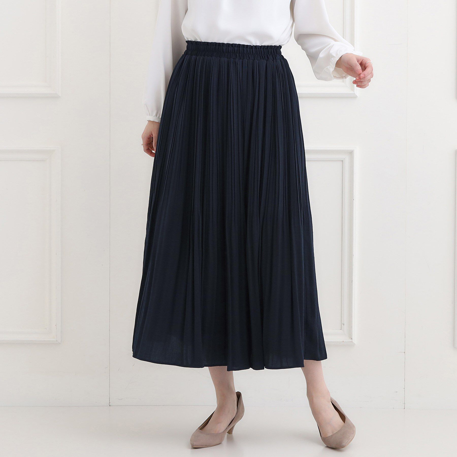 SHOO･LA･RUE「【洗濯機可/着丈選べる】軽やかプリーツスカート」|スカート|ネイビー(094)