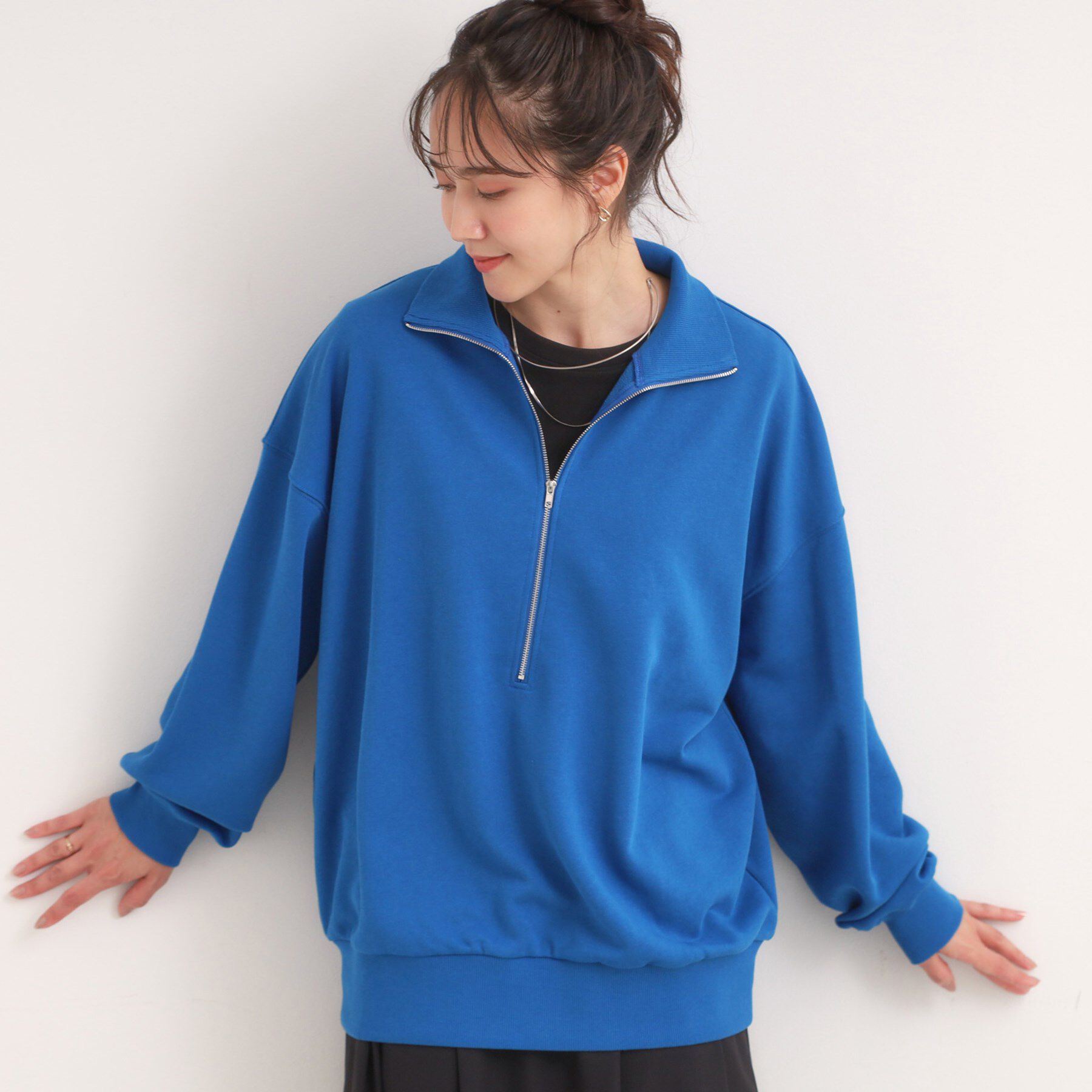 SHOO･LA･RUE「8色の選べる楽しさ ハーフジップ オーバーサイズスウェット」|パーカー|ブルー(093)