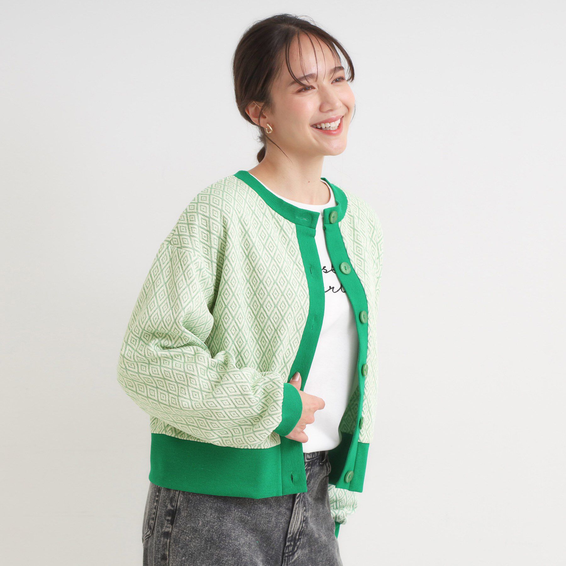 SHOO･LA･RUE「【前後2WAY】柄と配色で差がつく ふくれジャカードカーディガン」|カーディガン|