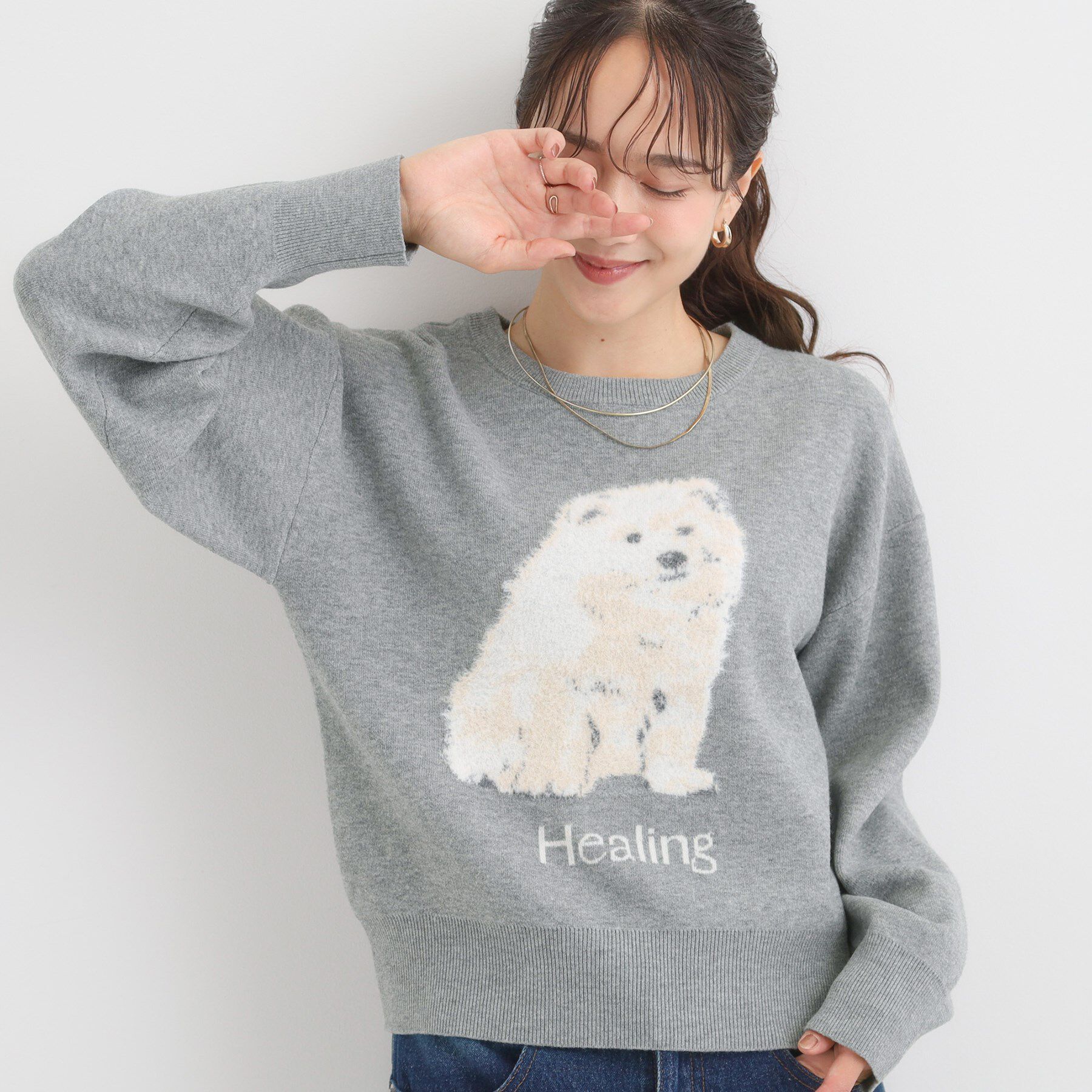 SHOO･LA･RUE「ふわふわタッチでほっこり アニマル ジャカードニット」|ニット・セーター|グレー(012)