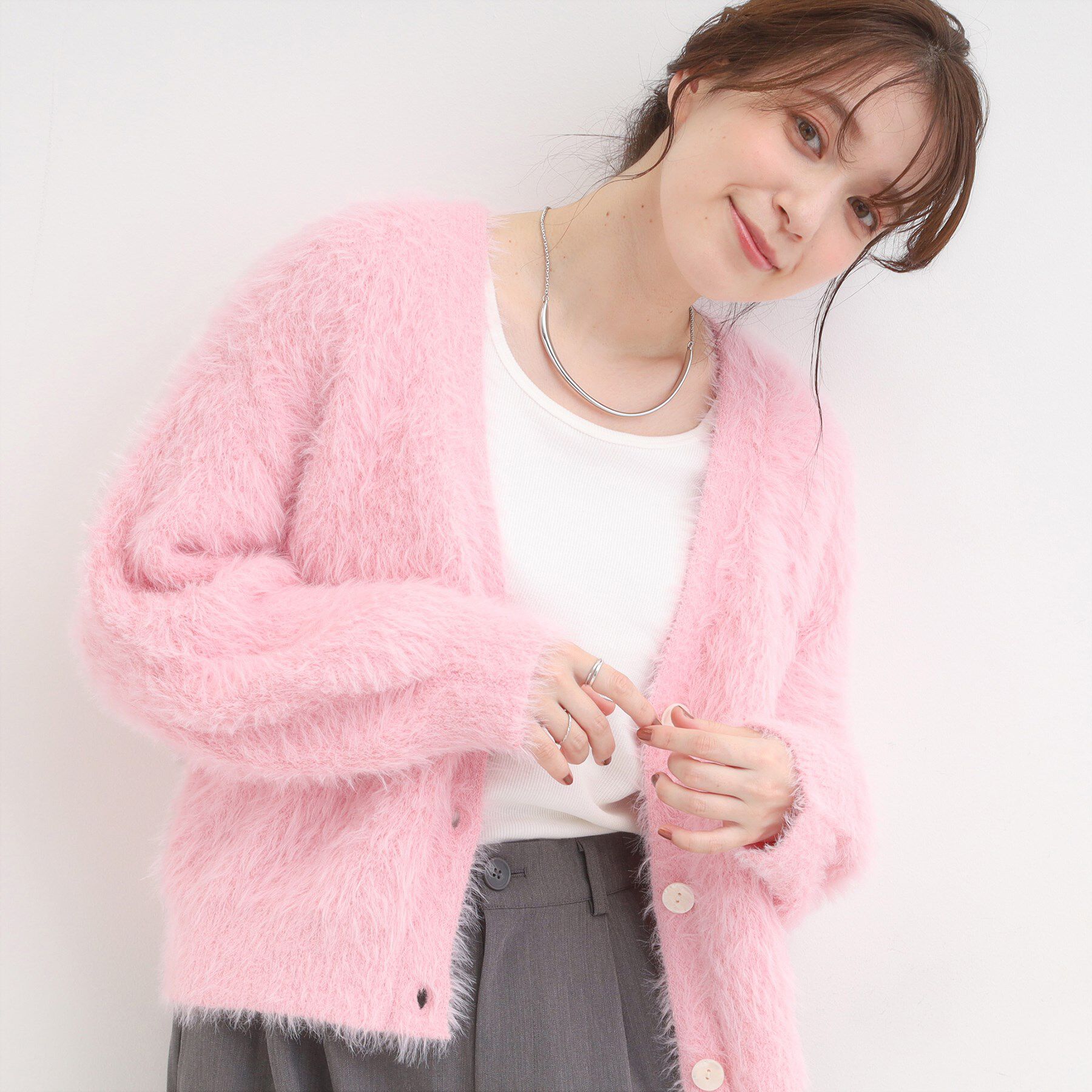 SHOO･LA･RUE「フェザーVネックカーディガン」|カーディガン|ライトピンク(070