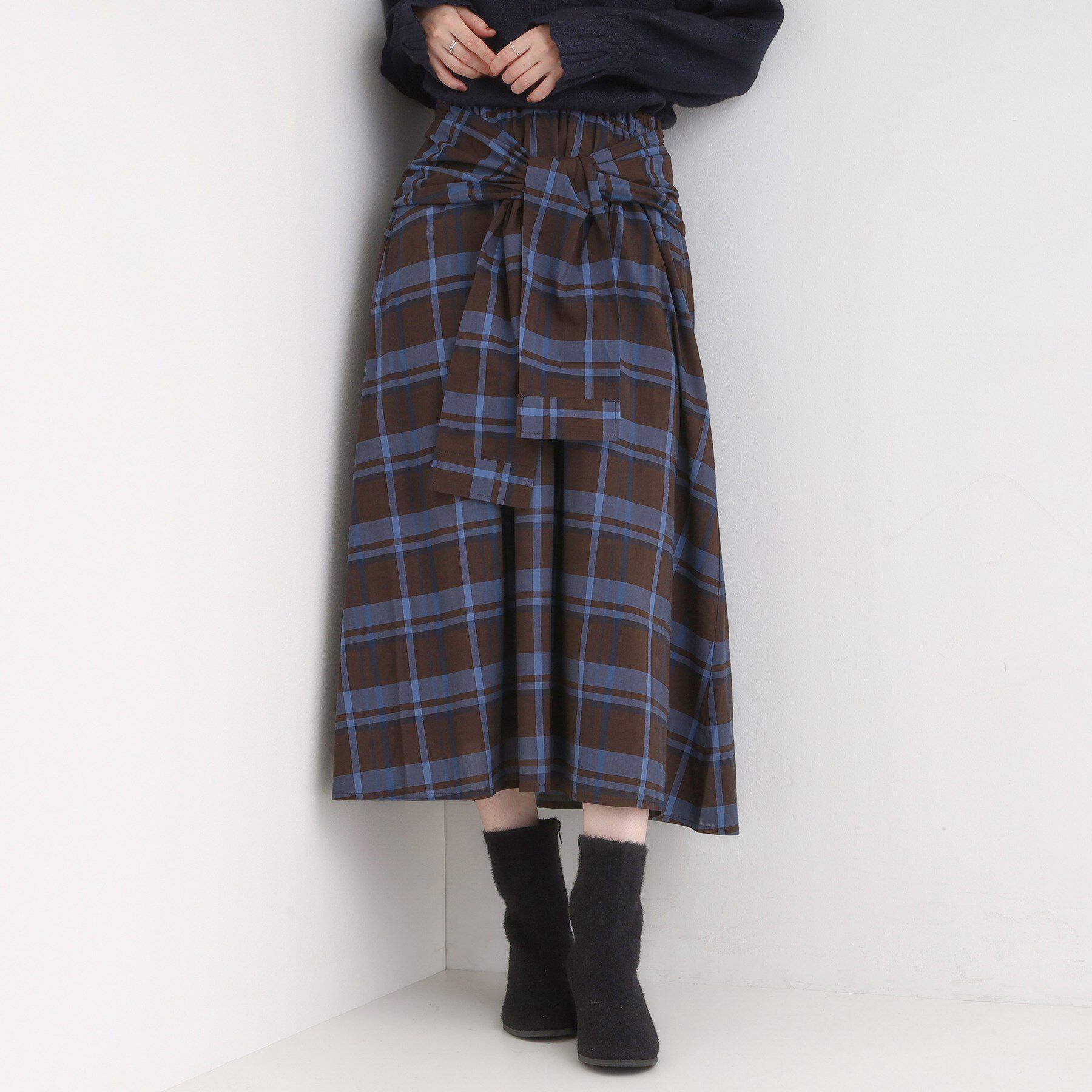 SHOO･LA･RUE「【S-LL／2WAY】取り外しのできる シャツ腰巻パーツつきチェック柄スカート」|スカート|ブラウン(243)