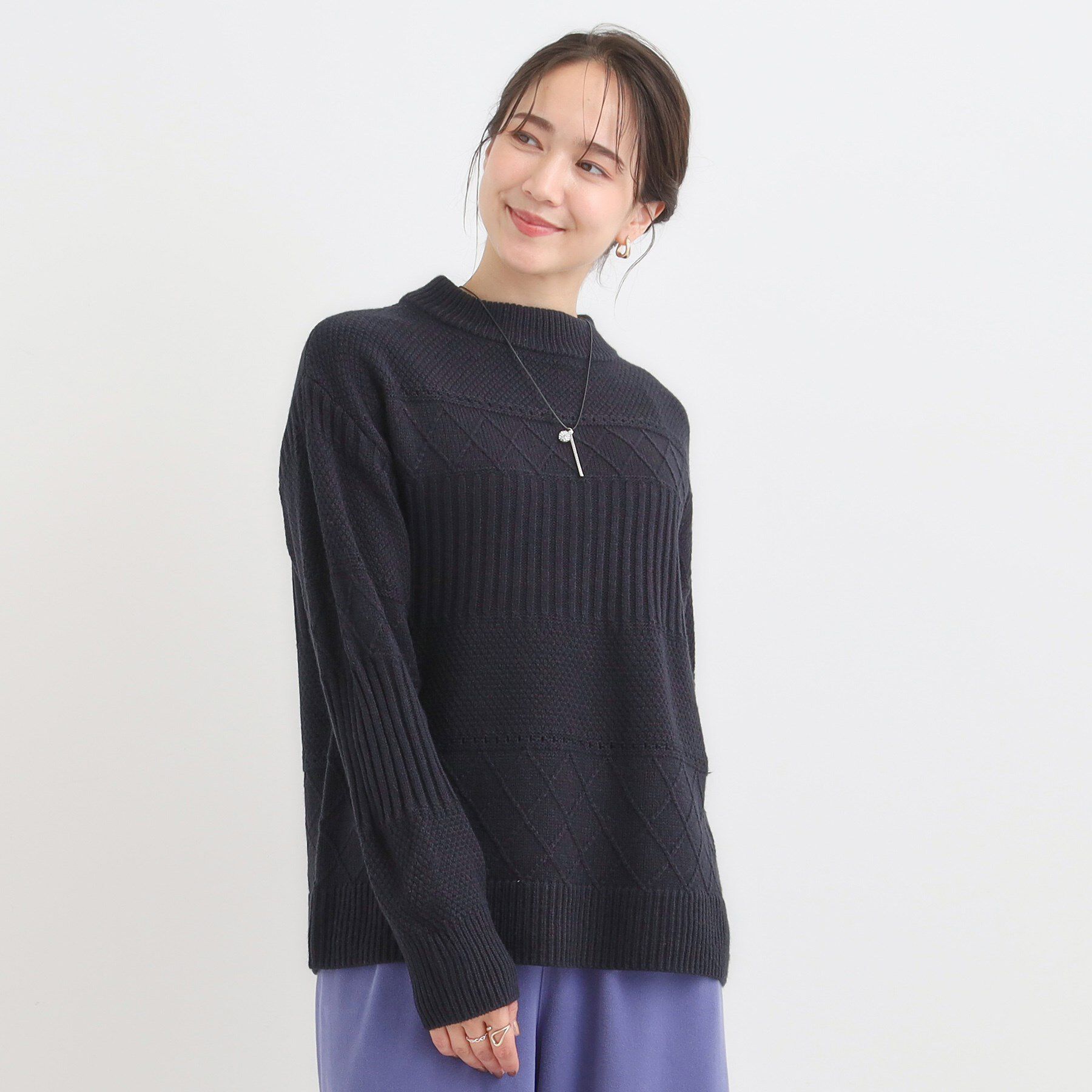 SHOO･LA･RUE「【洗濯機可/毛玉レス/S-LL】1枚でサマ見え ミックスケーブル柄ニット」|ニット・セーター|