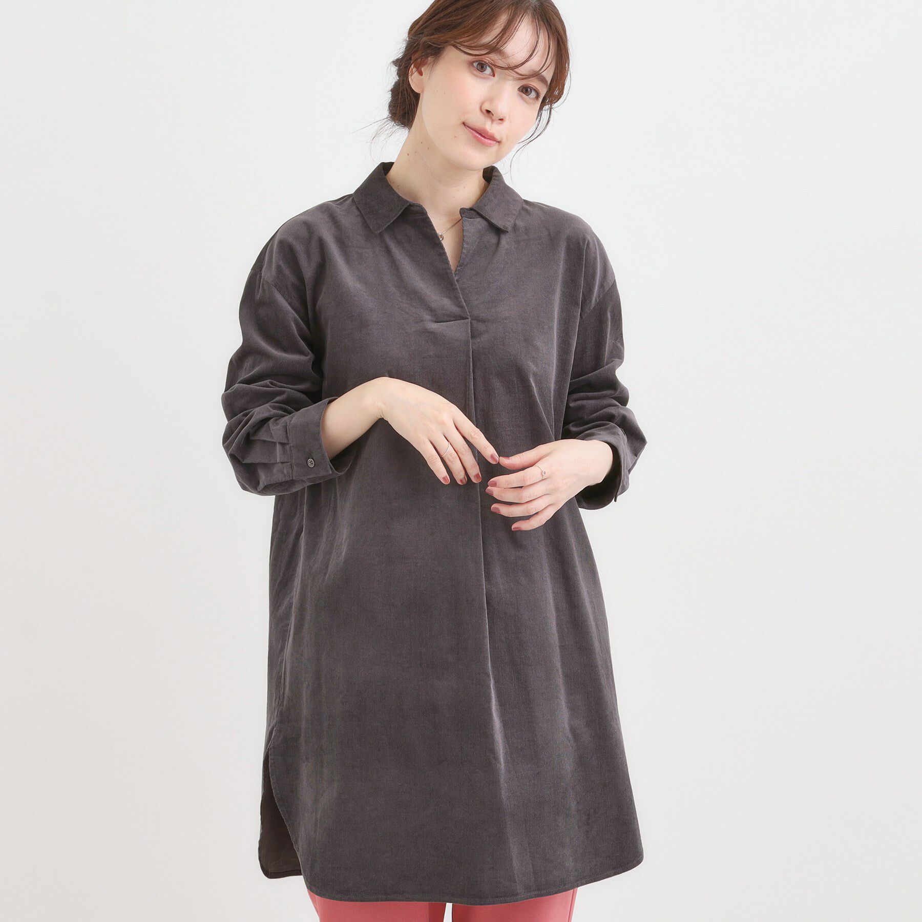 SHOO･LA･RUE「【洗濯機可/S-LL】すっきり見えにこだわった コーデュロイチュニックワンピース」|チュニック|グレー(015)