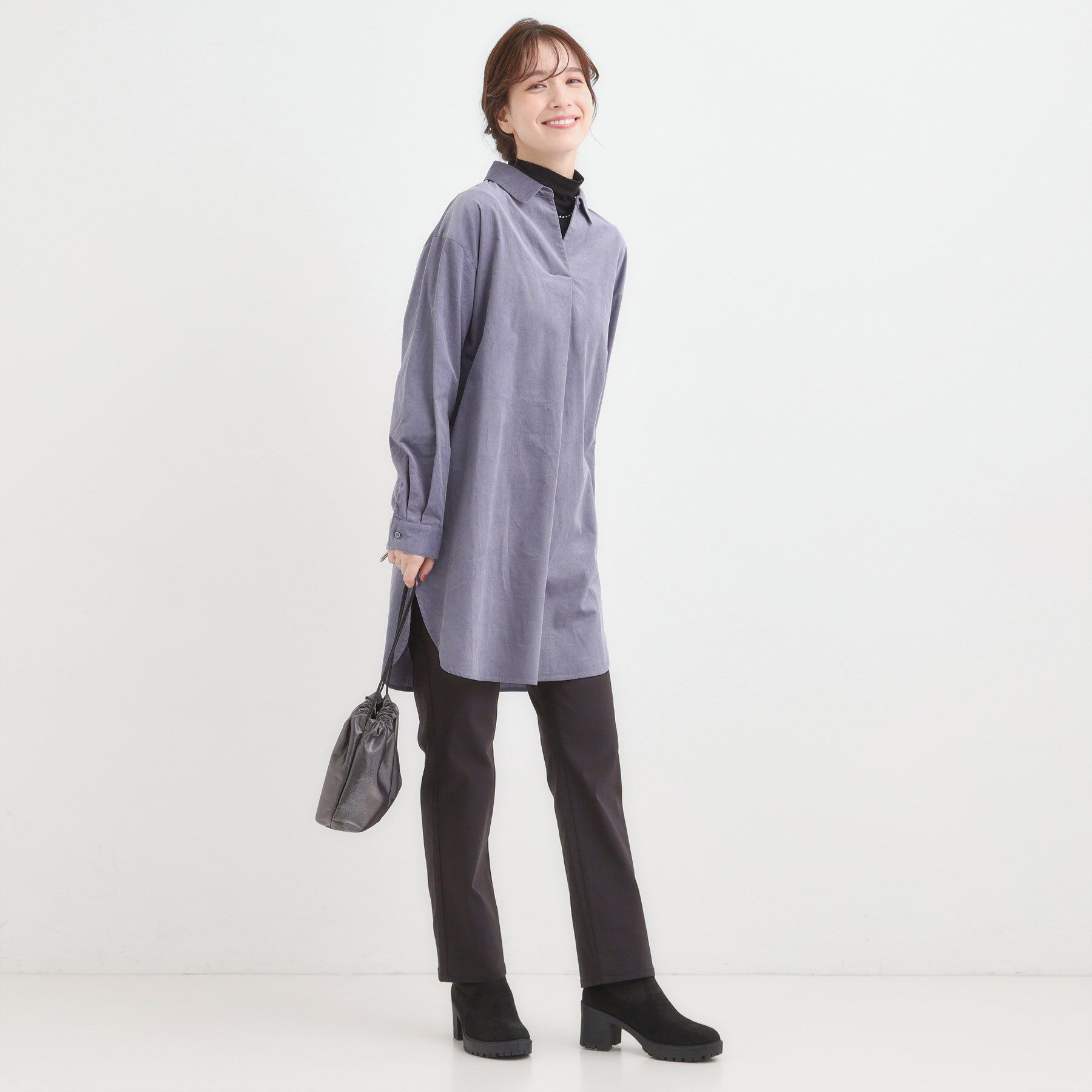 SHOO･LA･RUE「【洗濯機可/S-LL】すっきり見えにこだわった コーデュロイチュニックワンピース」|チュニック|