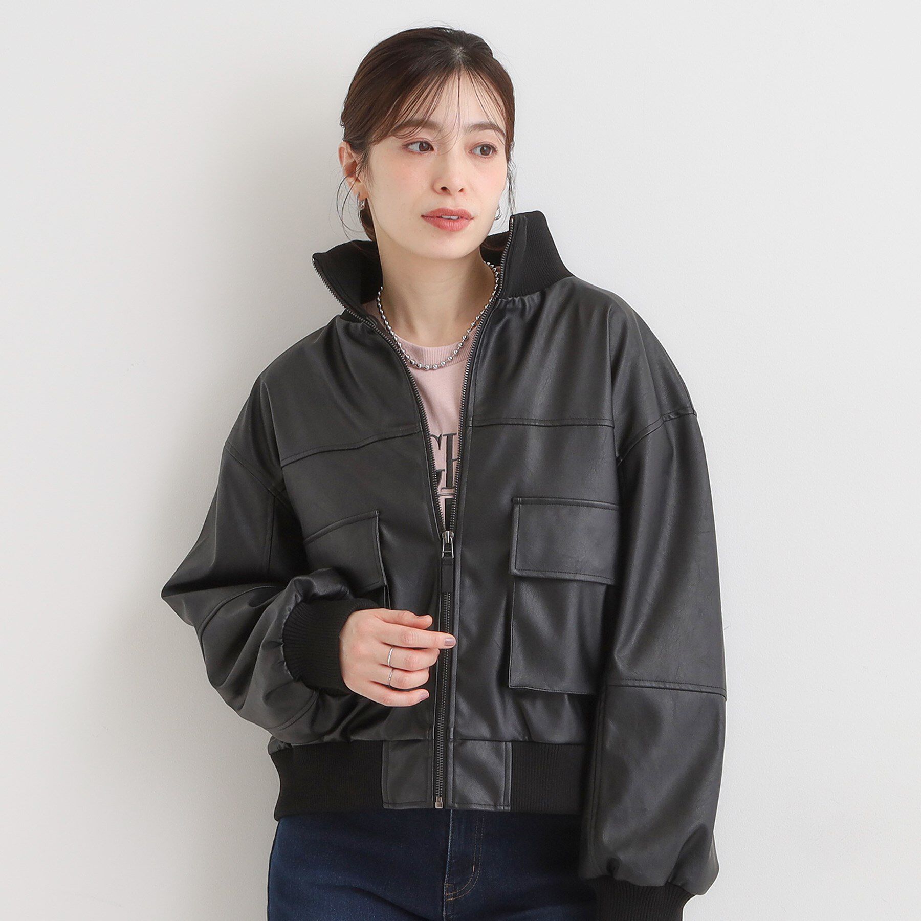 SHOO･LA･RUE「レザー調リブブルゾン」|ブルゾン・スタジャン|
