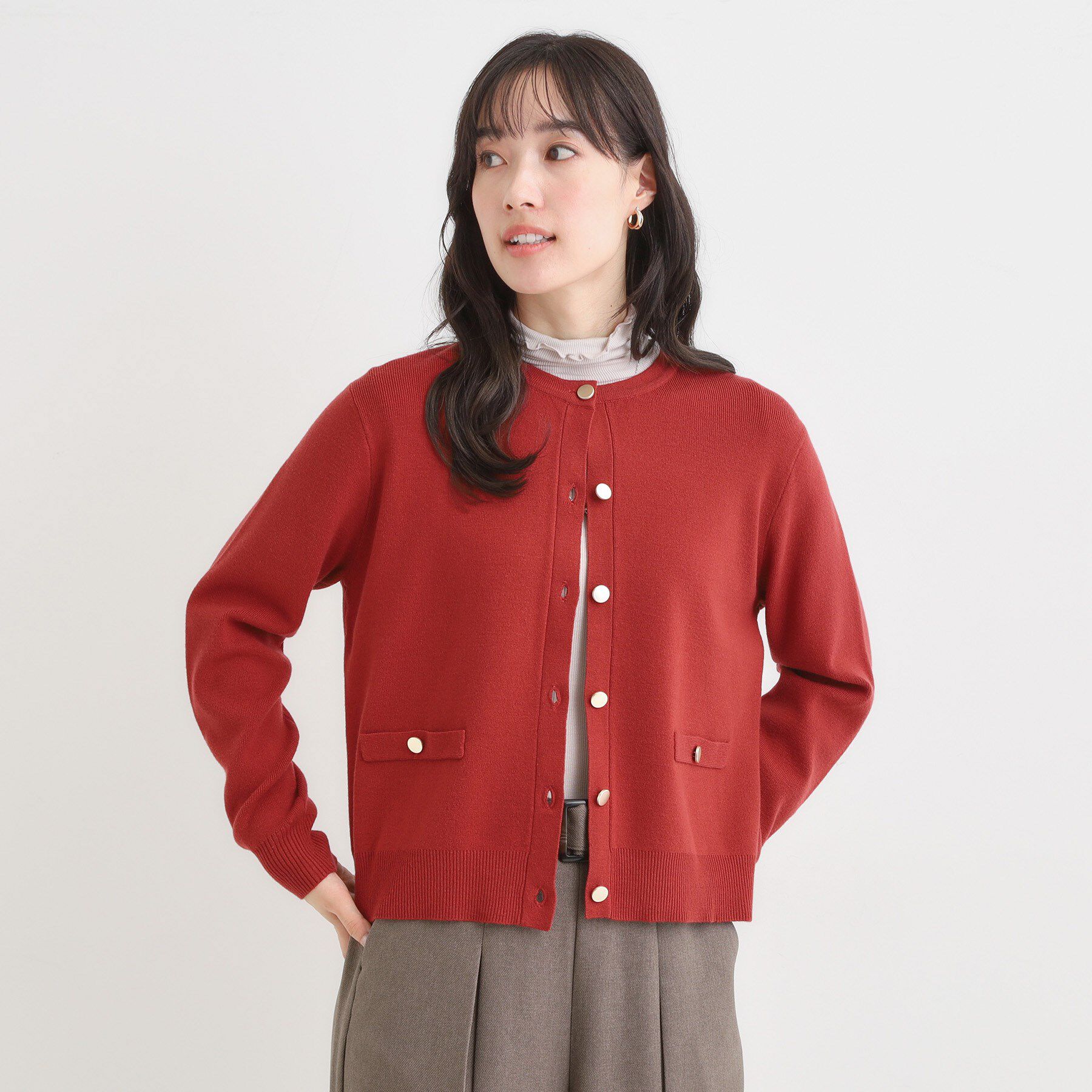 SHOO･LA･RUE「【セットアップ可/洗濯機可】もちもちタッチが心地よい クルーネックカーディガン」|カーディガン|