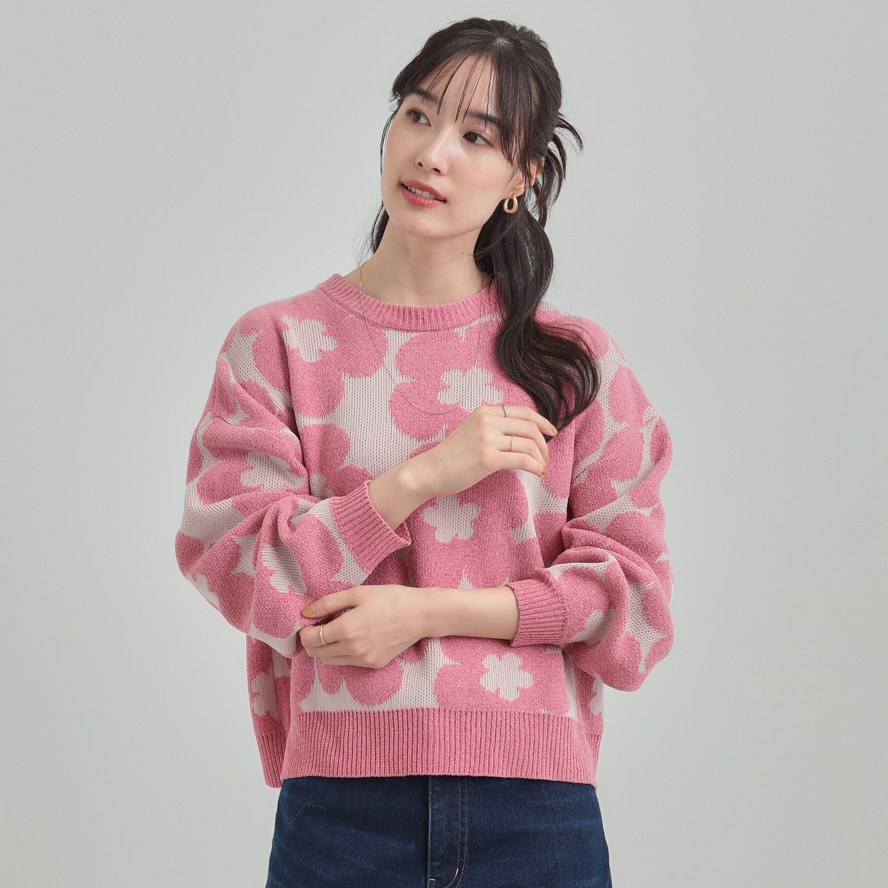 SHOO･LA･RUE「【S-LL】レトロ感漂う デイジー柄 総柄ニット」|ニット・セーター|