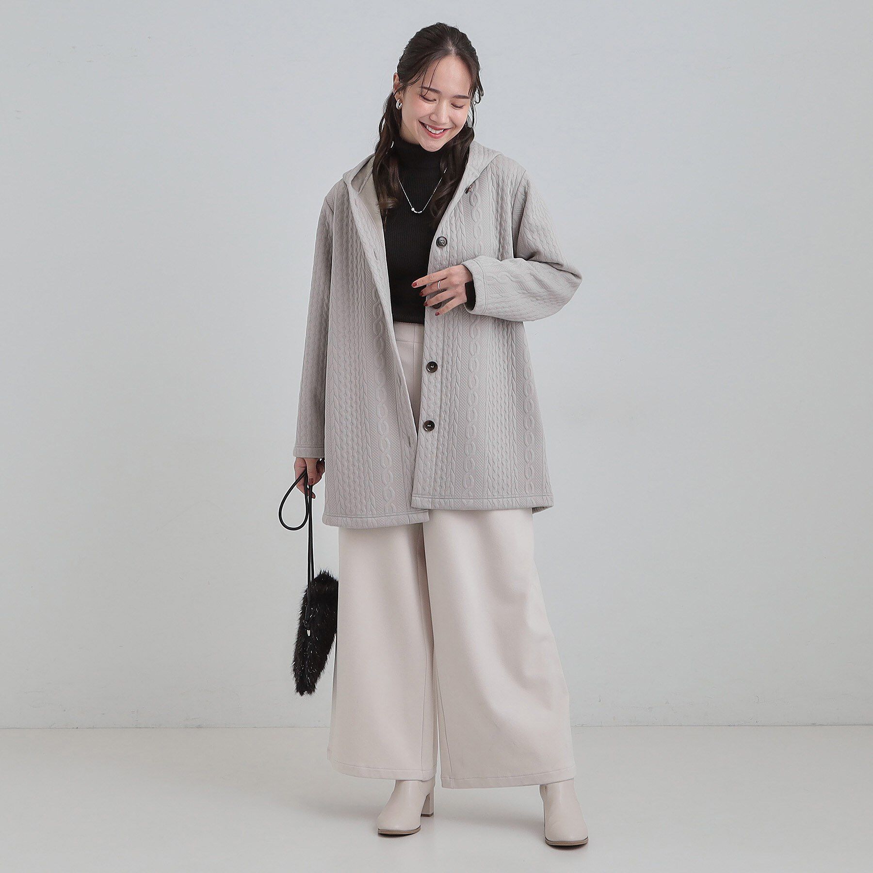 SHOO･LA･RUE「【裏面ベロアであったか】体型をカバーしながらスマートに魅せる ケーブルジャガードコーディガン」|カーディガン|