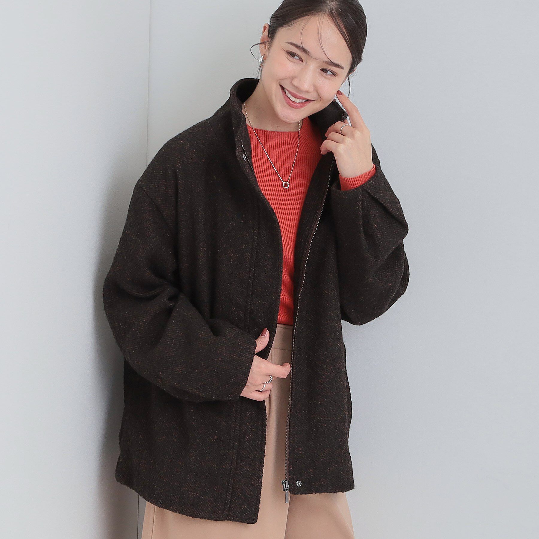 SHOO･LA･RUE「スタンドツイードブルゾン」|ブルゾン・スタジャン|モカブラウン(442