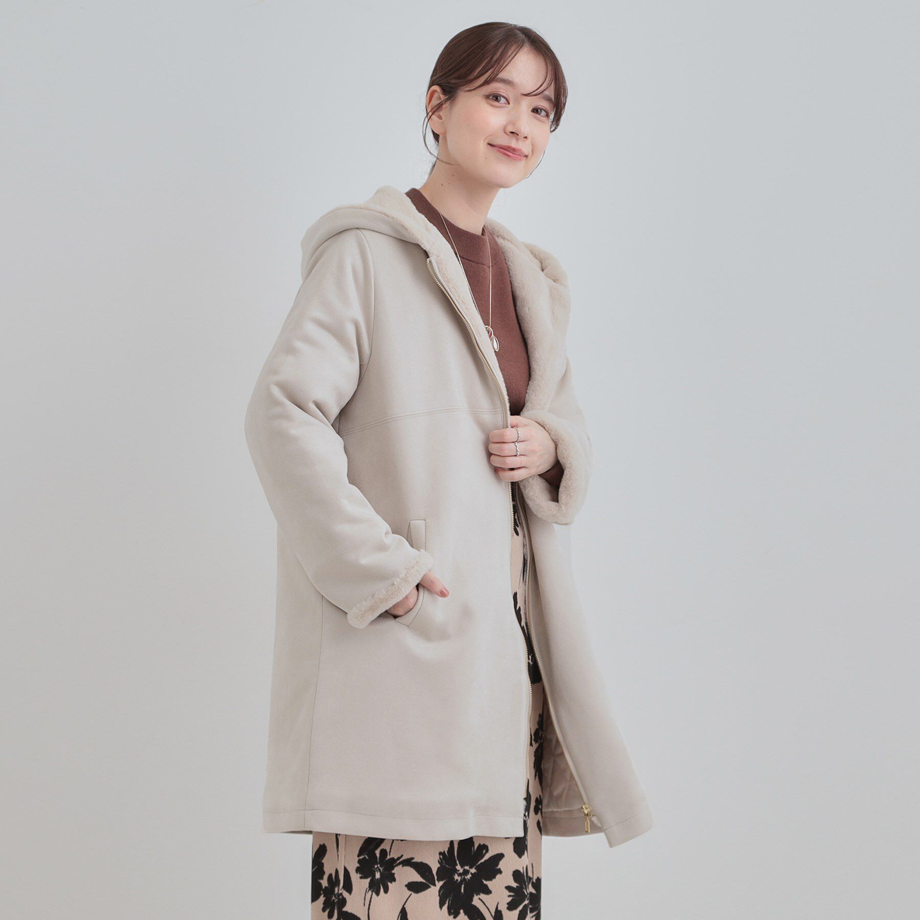 SHOO･LA･RUE「【S-LL】マットな色味が大人な雰囲気 スエード調フードコート」|その他|