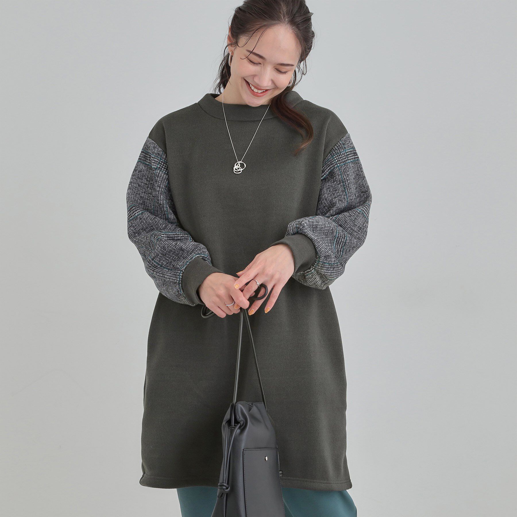 SHOO･LA･RUE「【S-LL/あったか】お袖チェック裏起毛チュニック」|チュニック|チャコールグレー(0