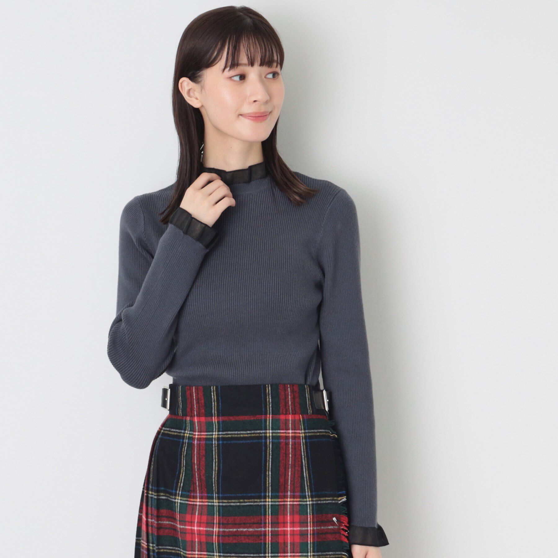 Dessin「【洗える】シースルーフリルネックリブニット」|ニット・セーター|