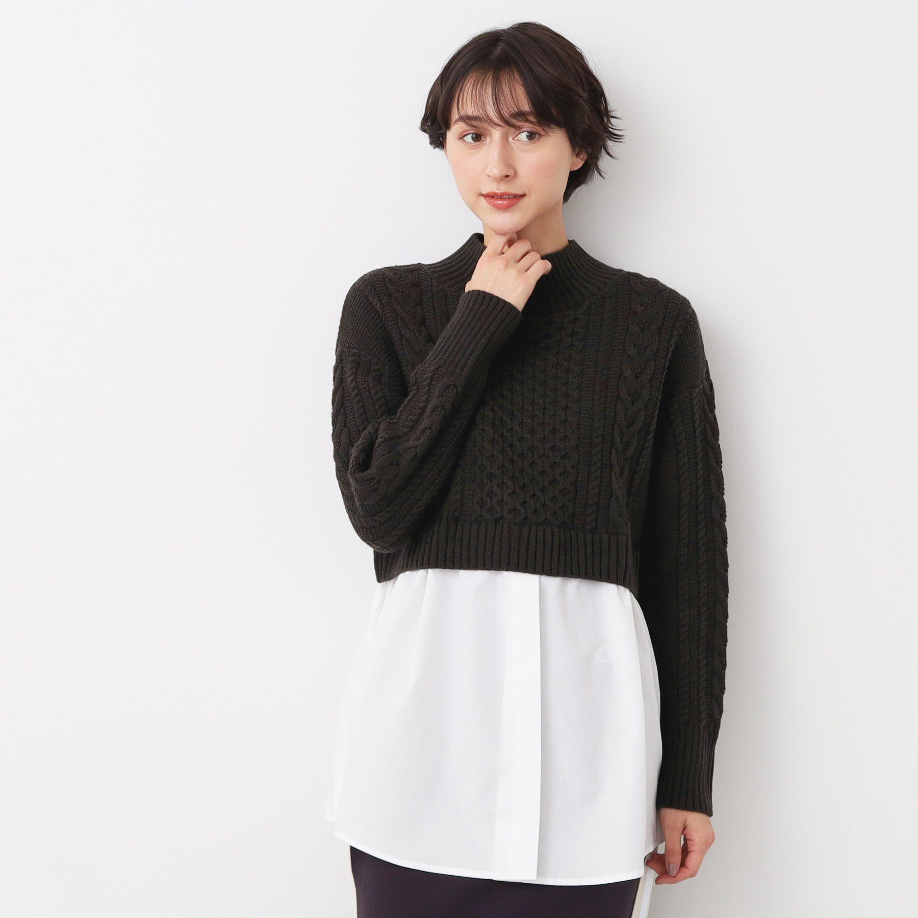 Dessin「【洗える】シャツ付きレイヤードケーブルニット」|ニット・セーター|