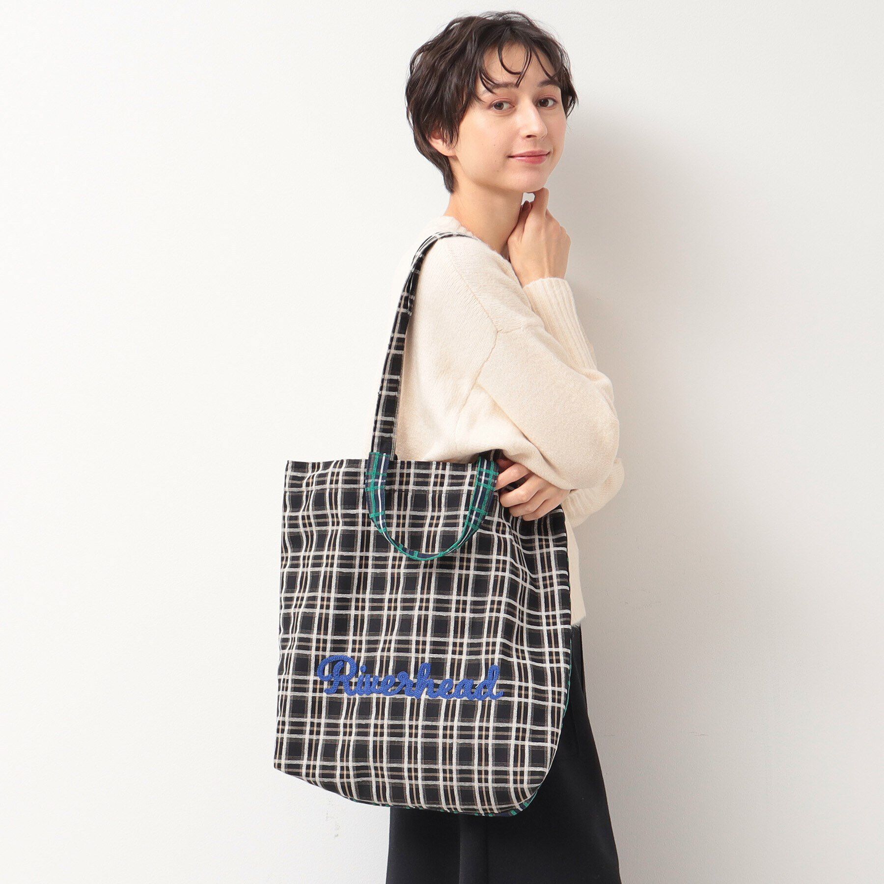 Dessin「【軽量・2WAY・A4サイズ可】刺繍チェックトート」|トートバッグ|ブラック(219)