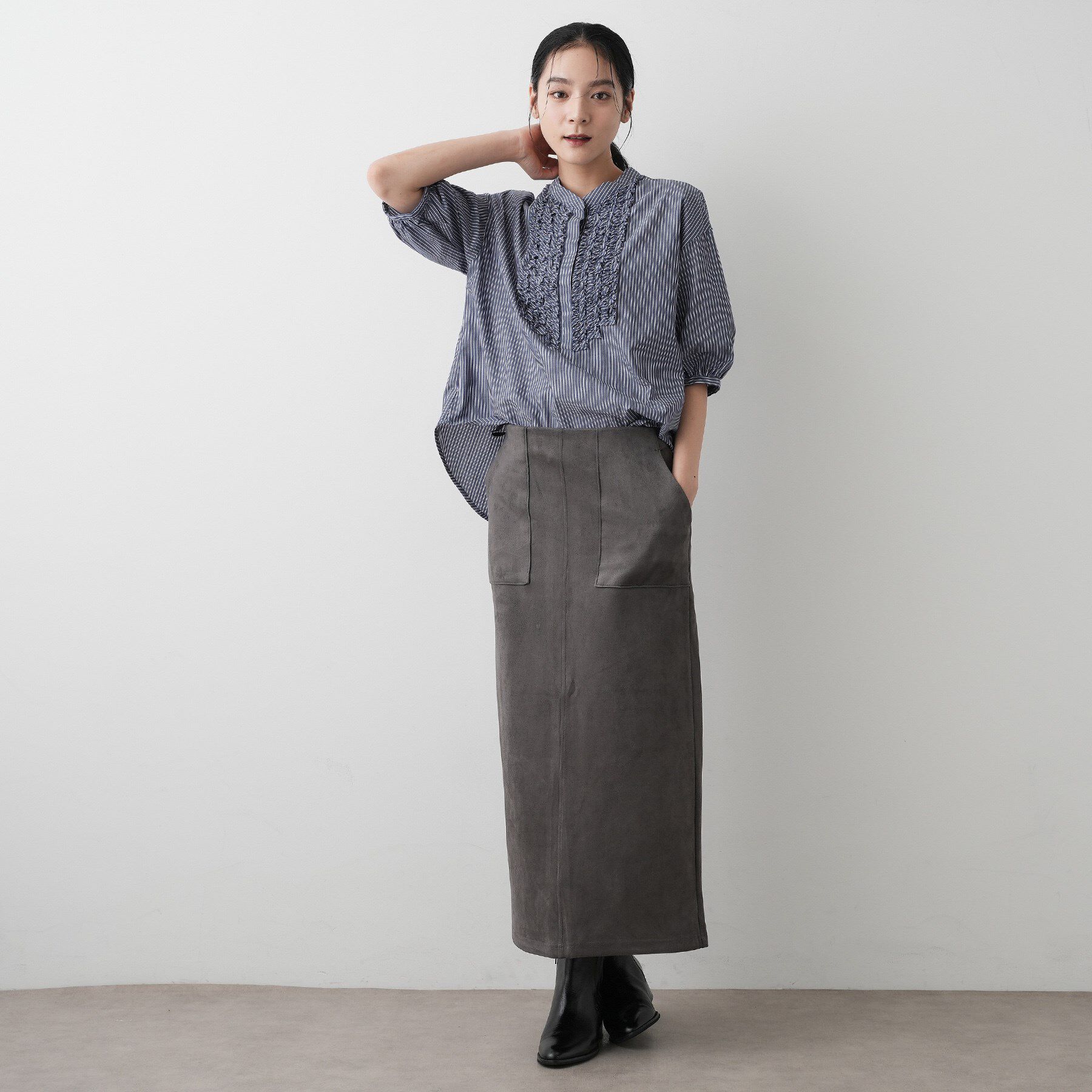 Dessin「【洗える】フリルバンドカラー五分袖ブラウス」|シャツ・ブラウス|