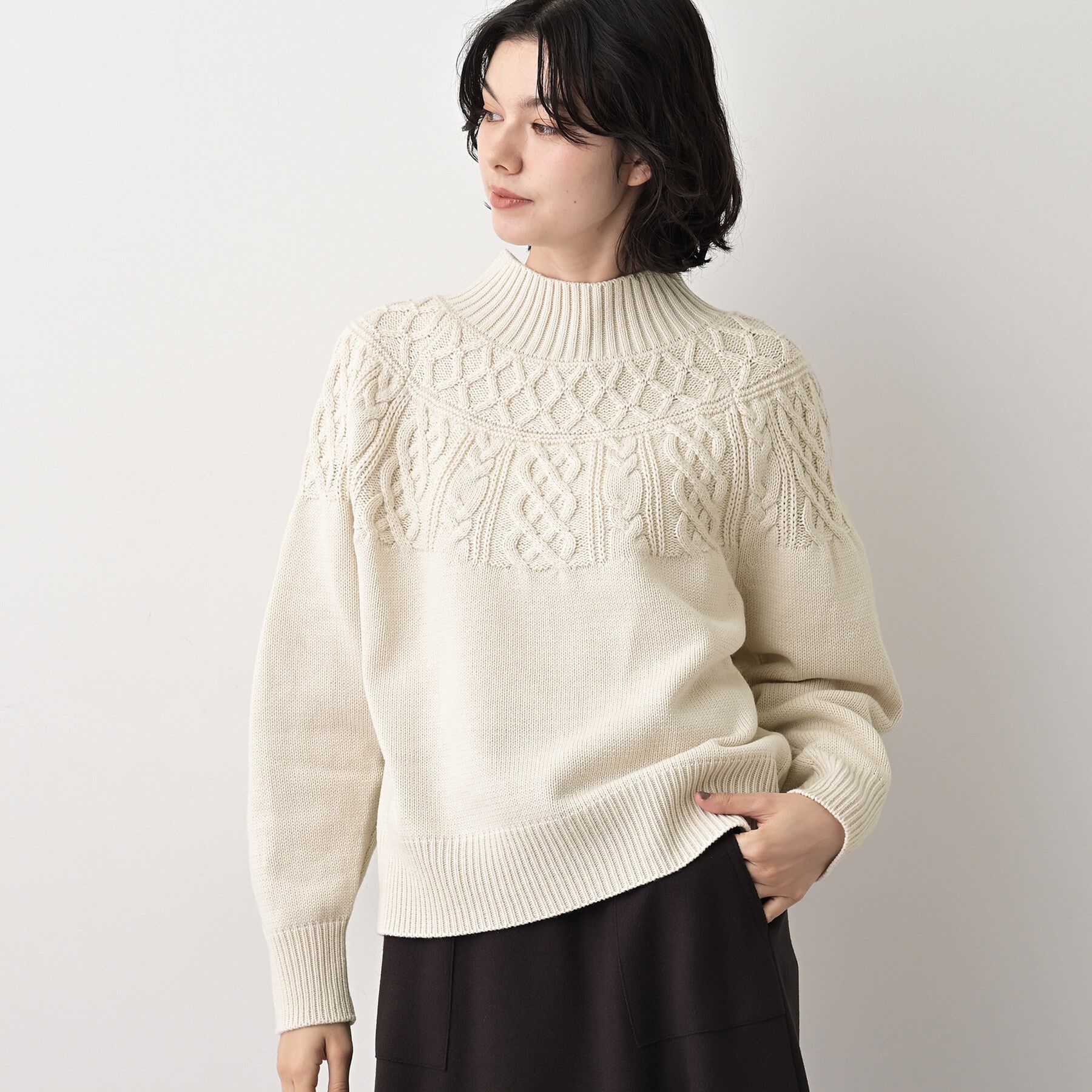 Dessin「【着映え/洗える】求心ケーブル編みハイネックニット」|ニット・セーター|
