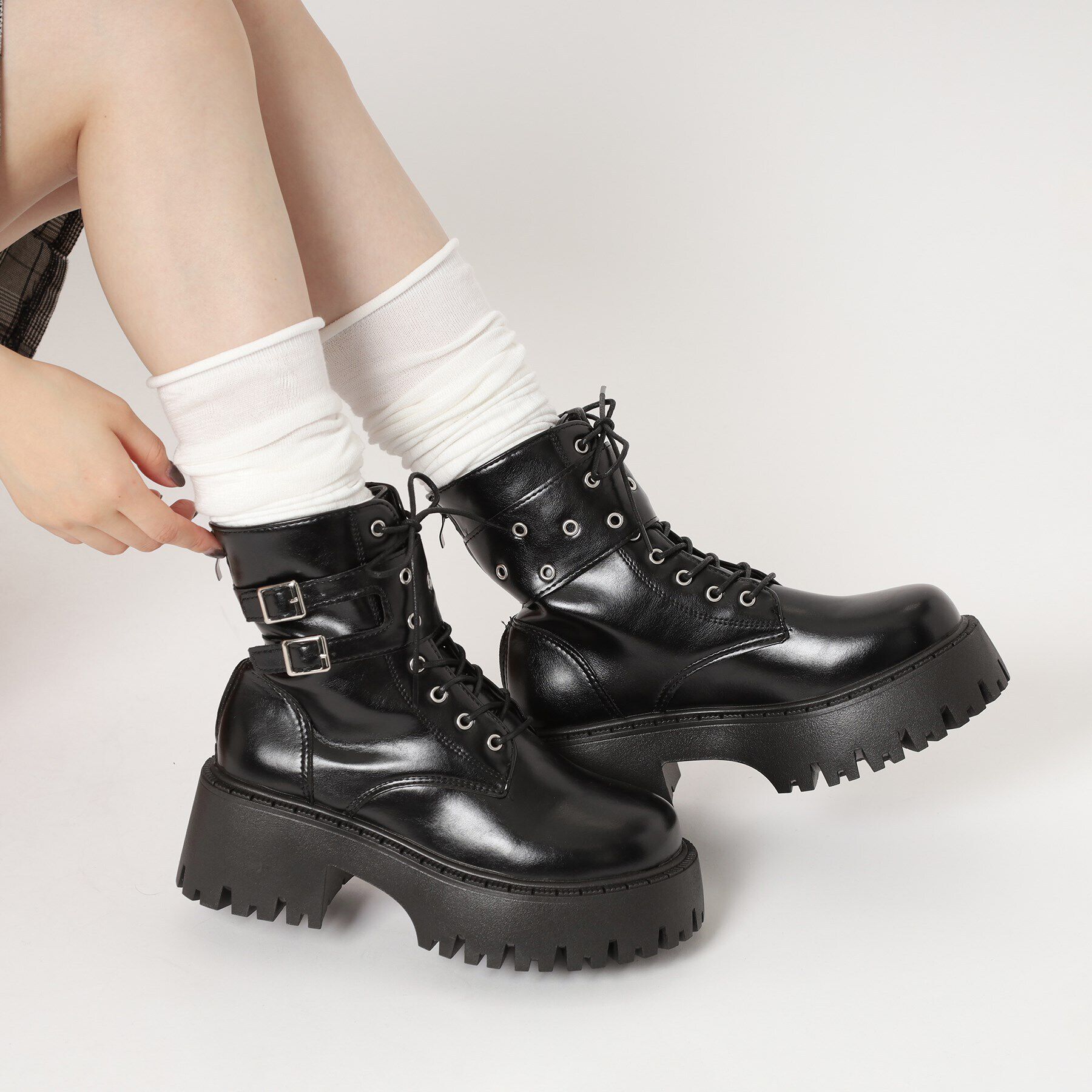 csT&P「厚底ダブルベルトレースアップブーツ」|ショートブーツ|