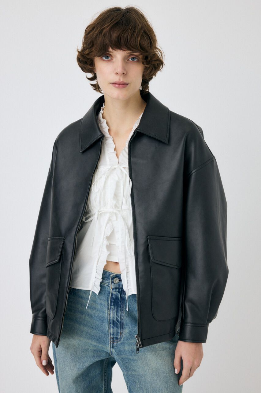 MOUSSY「FAUX LEATHER OVER ジャケット」|ブルゾン・スタジャン|BLK