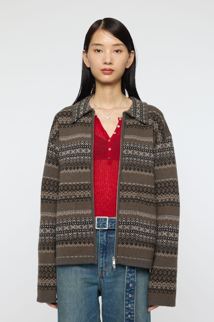 MOUSSY「FAIR ISLE KNIT ジャケット」|カーディガン|GRY