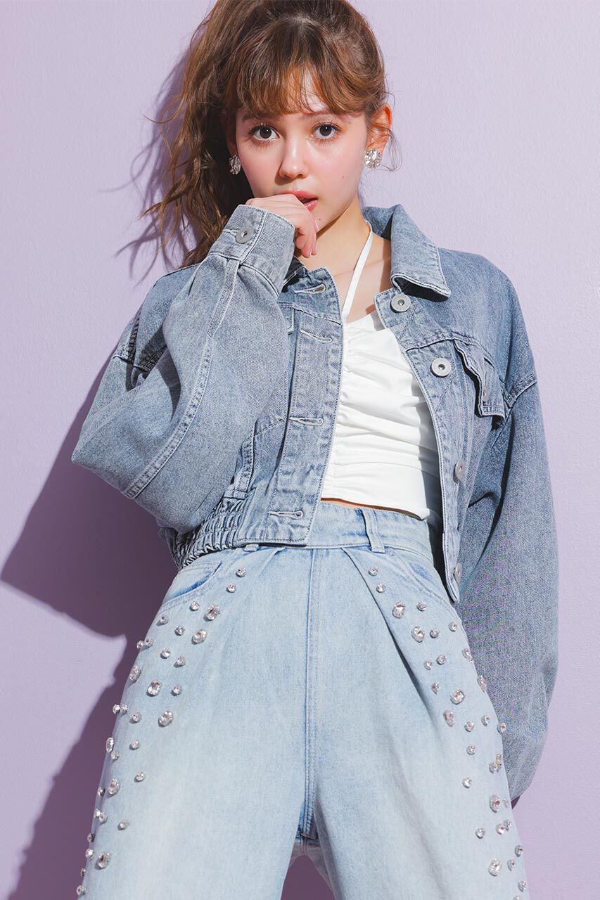 rienda「ゴムギャザーショート DENIM JK」|デニムジャケット|L/BLU1