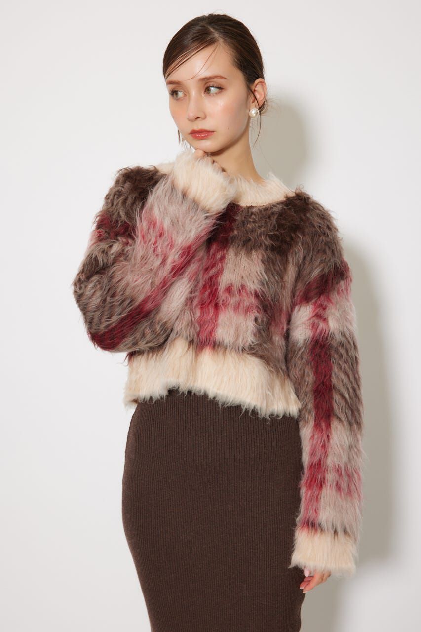 rienda「2WAYロングシャギーチェックショートニットカーディガン」|カーディガン|