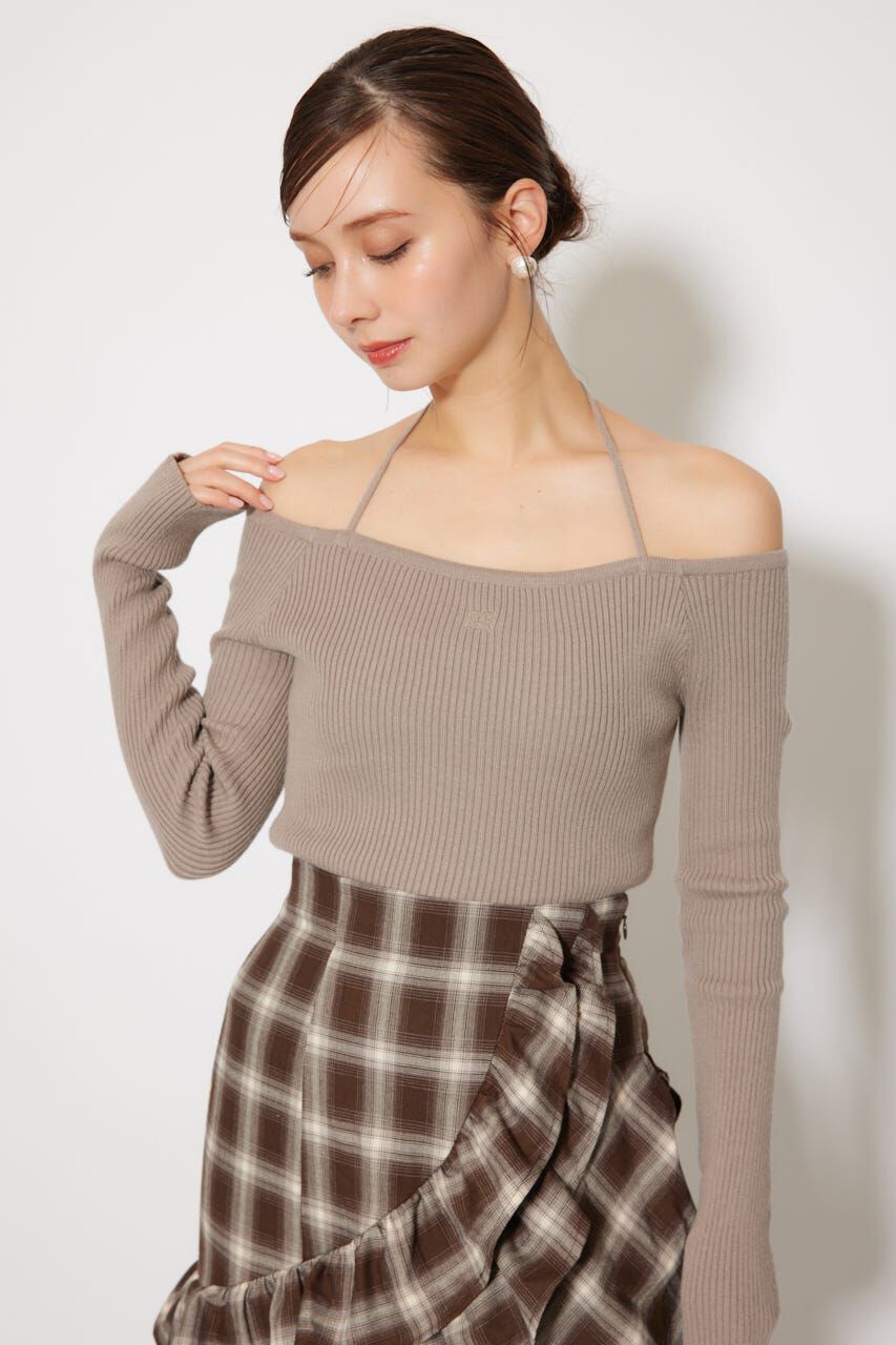 rienda「Rロゴバックリボンオフショルニットトップス」|ニット・セーター|