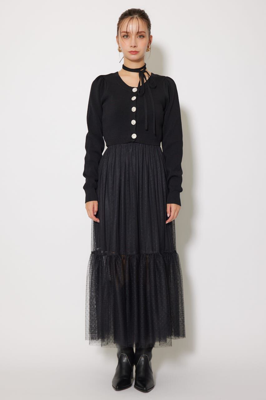 rienda「ニットカーディガンセットドットチュールフレアワンピース」|ワンピース|