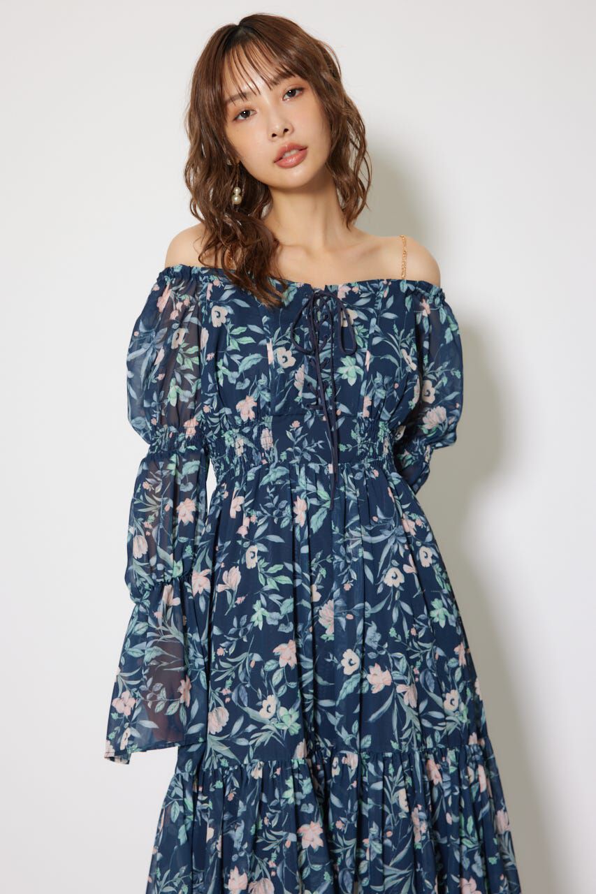 rienda「レースアップフラワーパターンフレアワンピース」|ワンピース|