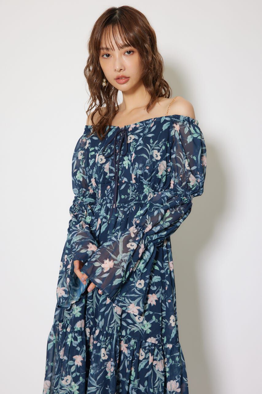 rienda「レースアップフラワーパターンフレアワンピース」|ワンピース|