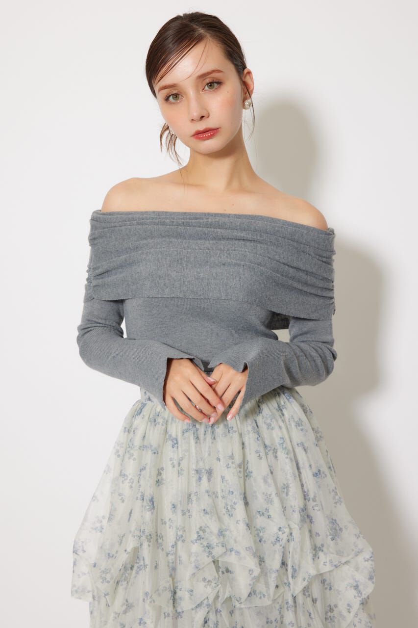 rienda「オフショルギャザーニットトップス」|ニット・セーター|GRY